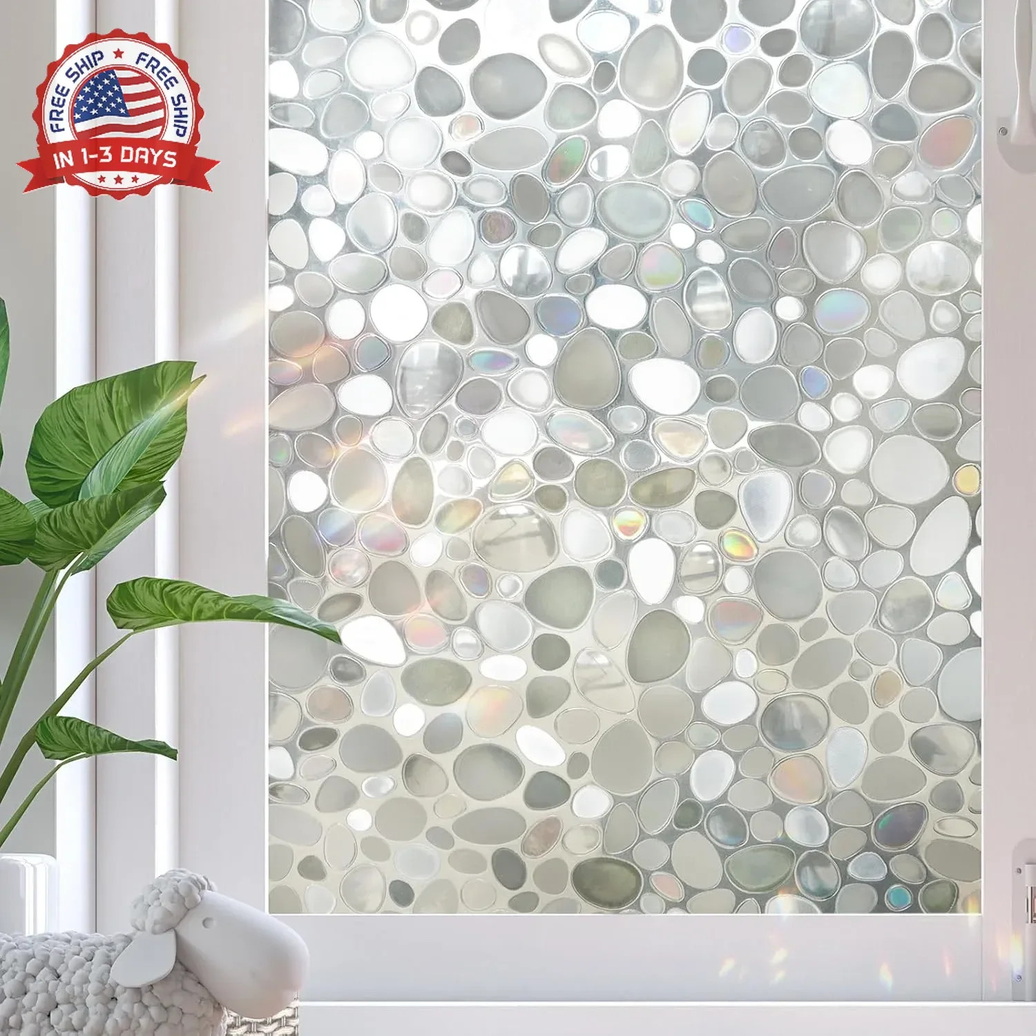 Window Privacy Film, Stained Glass Films, 3D Pebble Rainbow Windows Cling Decora