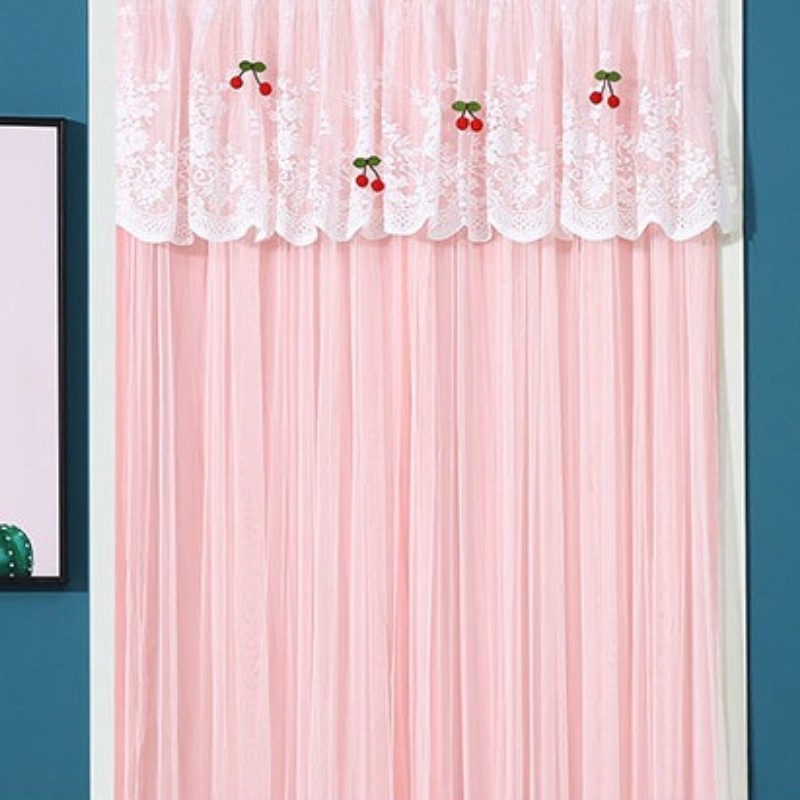 Double Layers Mesh Door Curtain Lace Embroidery Sheer Doorway Curtain Household