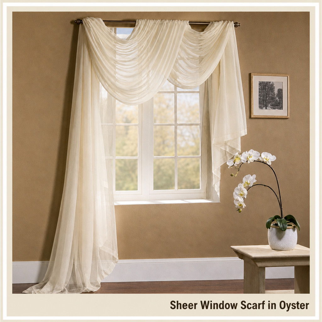 Marjorie in Oyster — Elegant Sheer Window Scarf – 216″ (L) x 59″ (W)