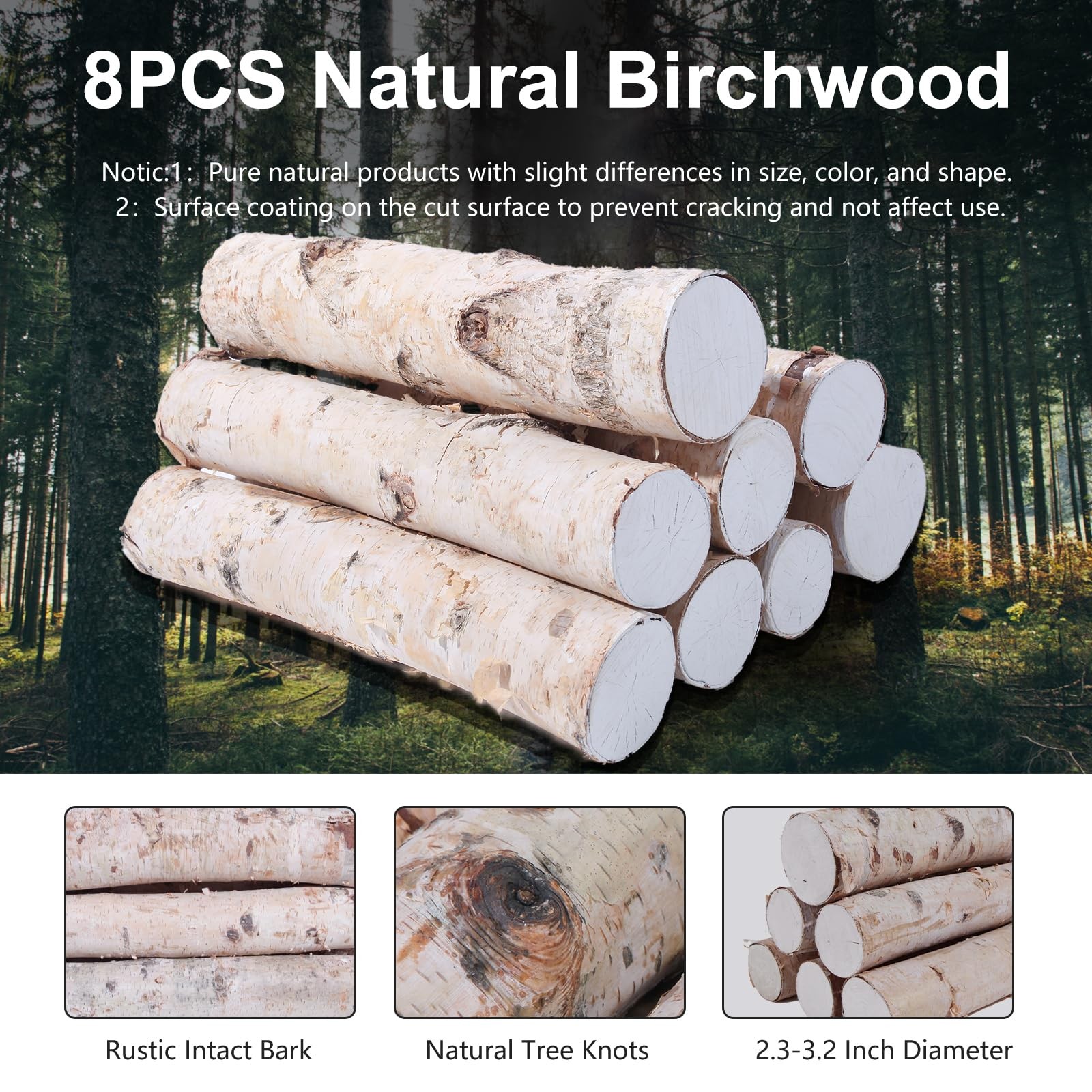 8 Pack Birch Logs for Fireplace Decor Crafts Versatile Unfinished Wood Gas Fi…