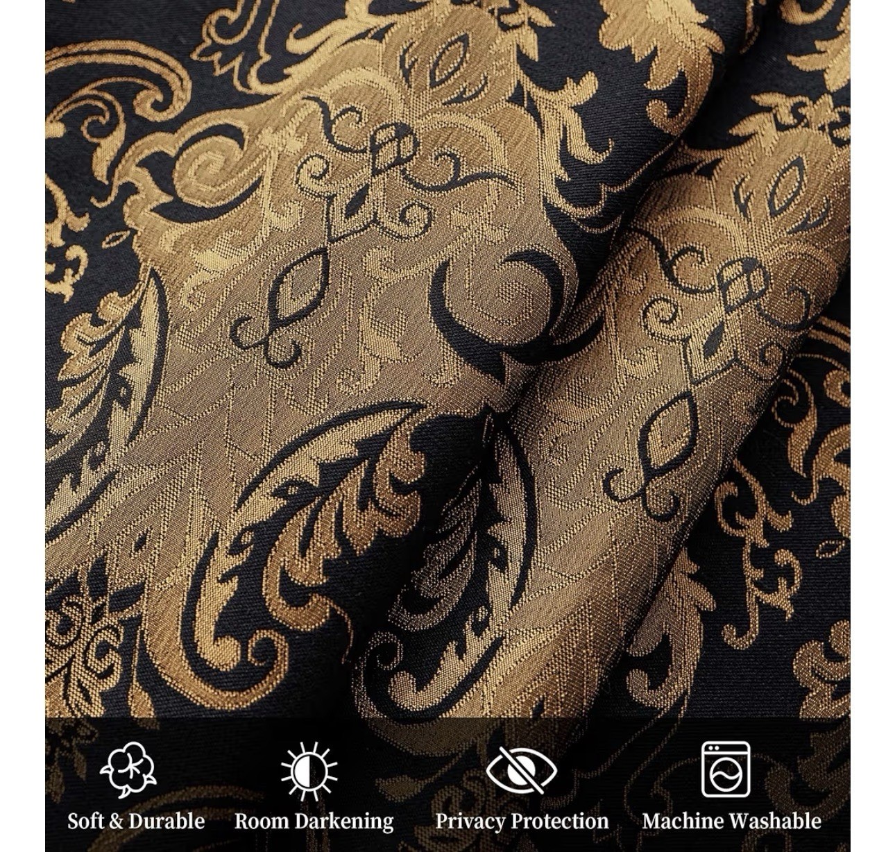 Loom&Mill Luxury Waterfall Valance Black/Gold 110W”x45L” Elegant/Gorgeous