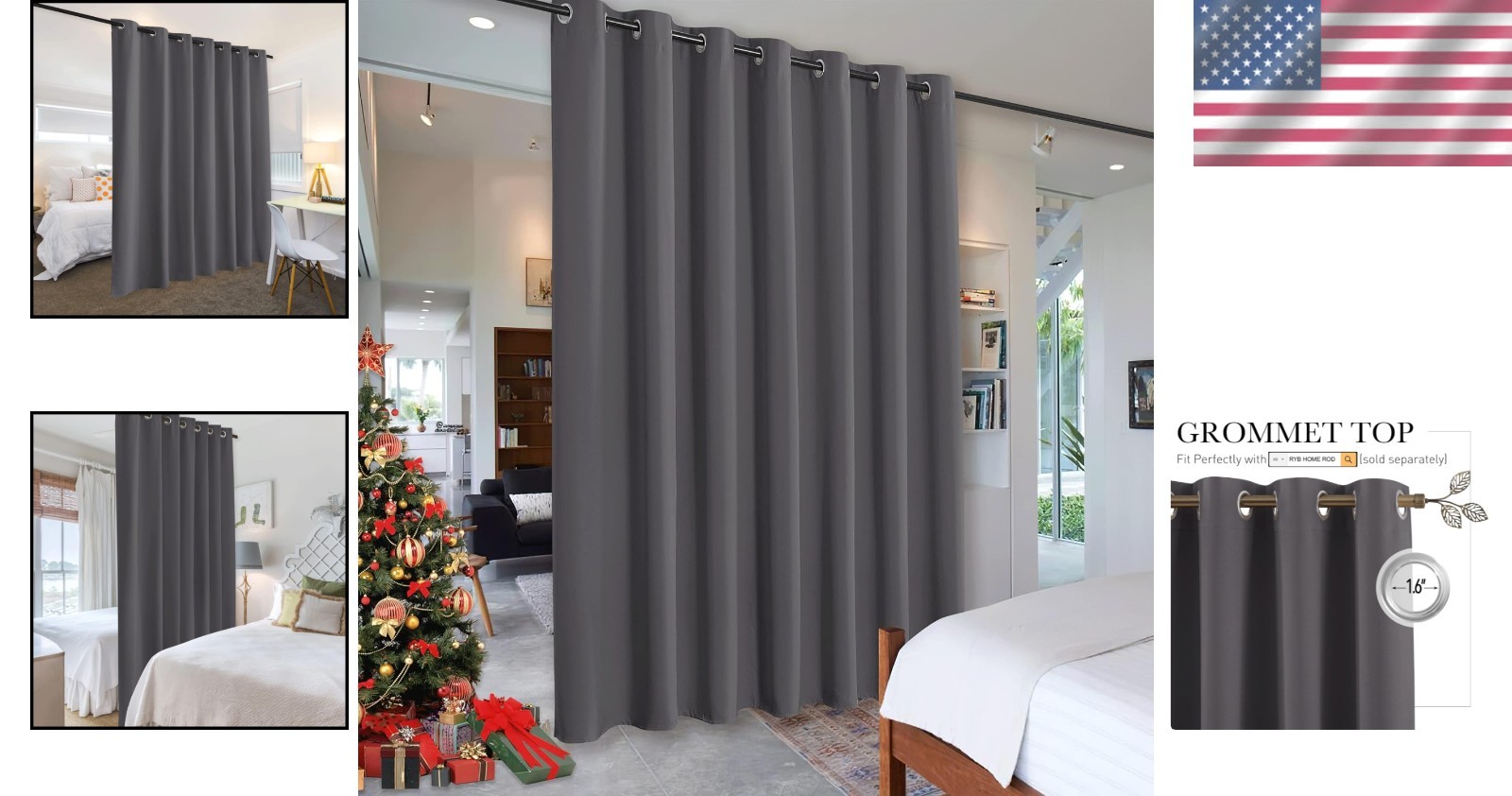 Elegant Blackout Room Divider Curtain 100″ Wide x 84″ Long – Grey Grommet Style
