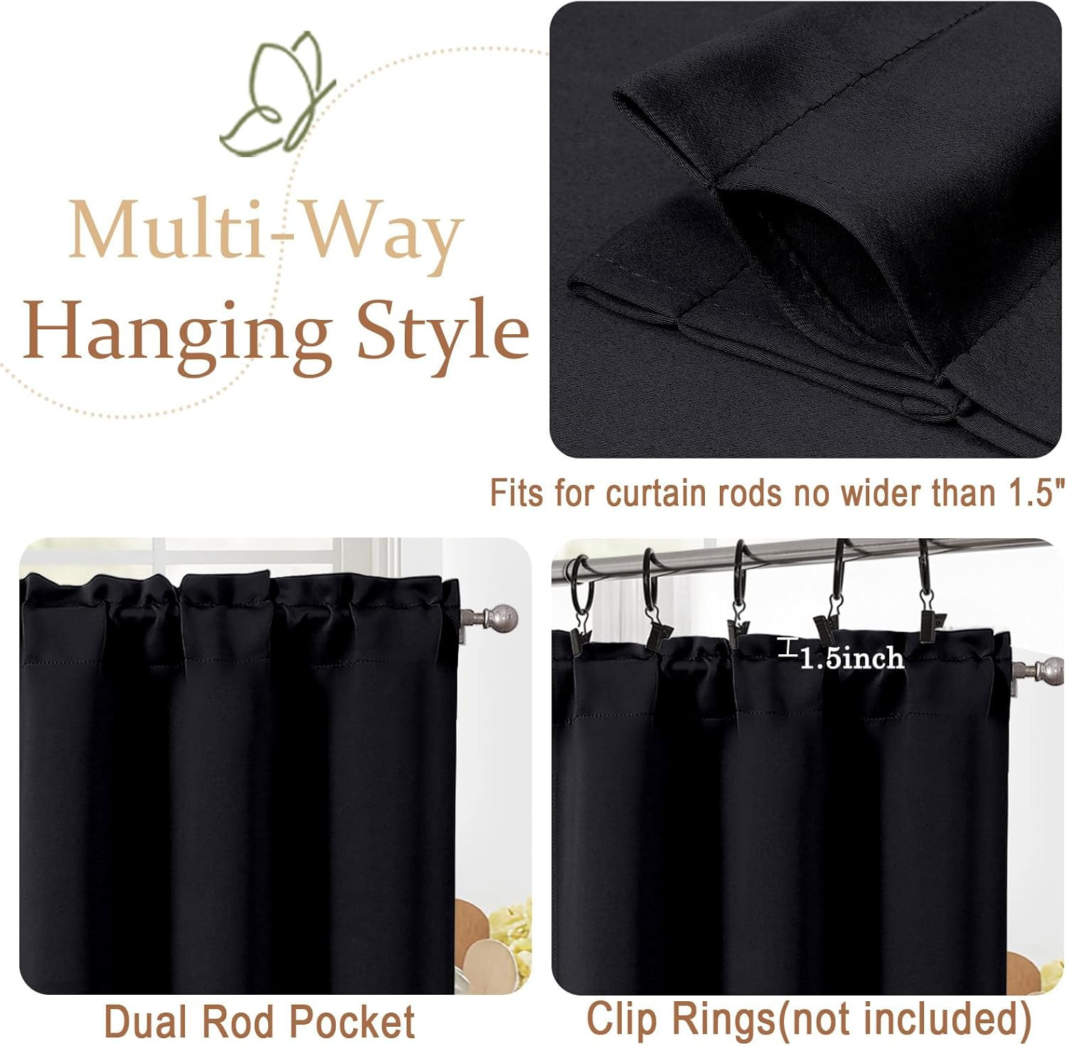 Black Blackout Curtains for Small Window Treatment, Light Blocking Short Kitchen