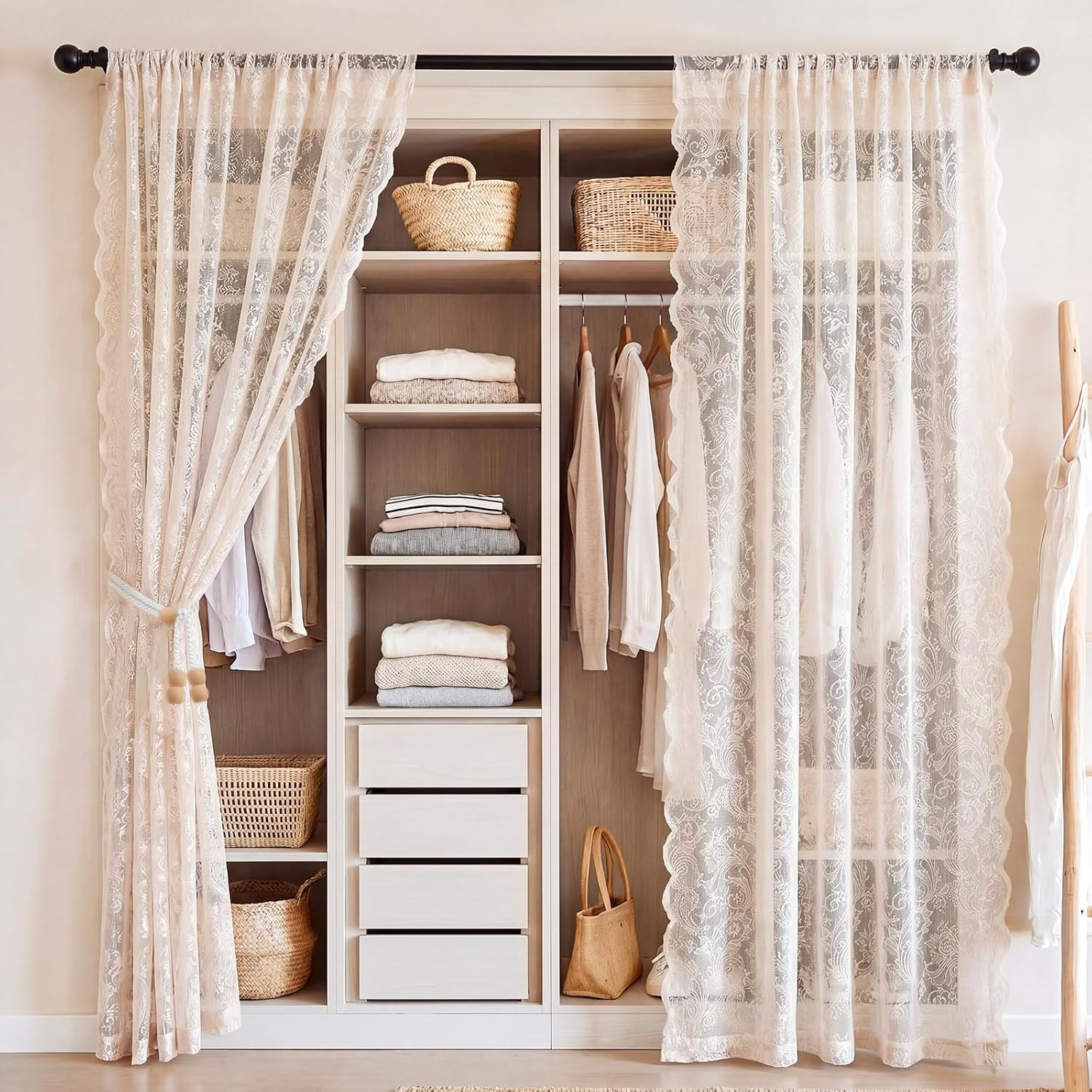 2 Pcs 78 X 80 Inch Lace Ruffled Closet Curtain for Open Closet Vintage Lace Door