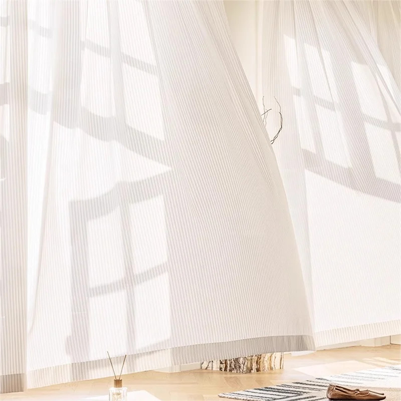 White Striped Sheer Curtain Panel Japanese Minimalist Tulle Window Drapes