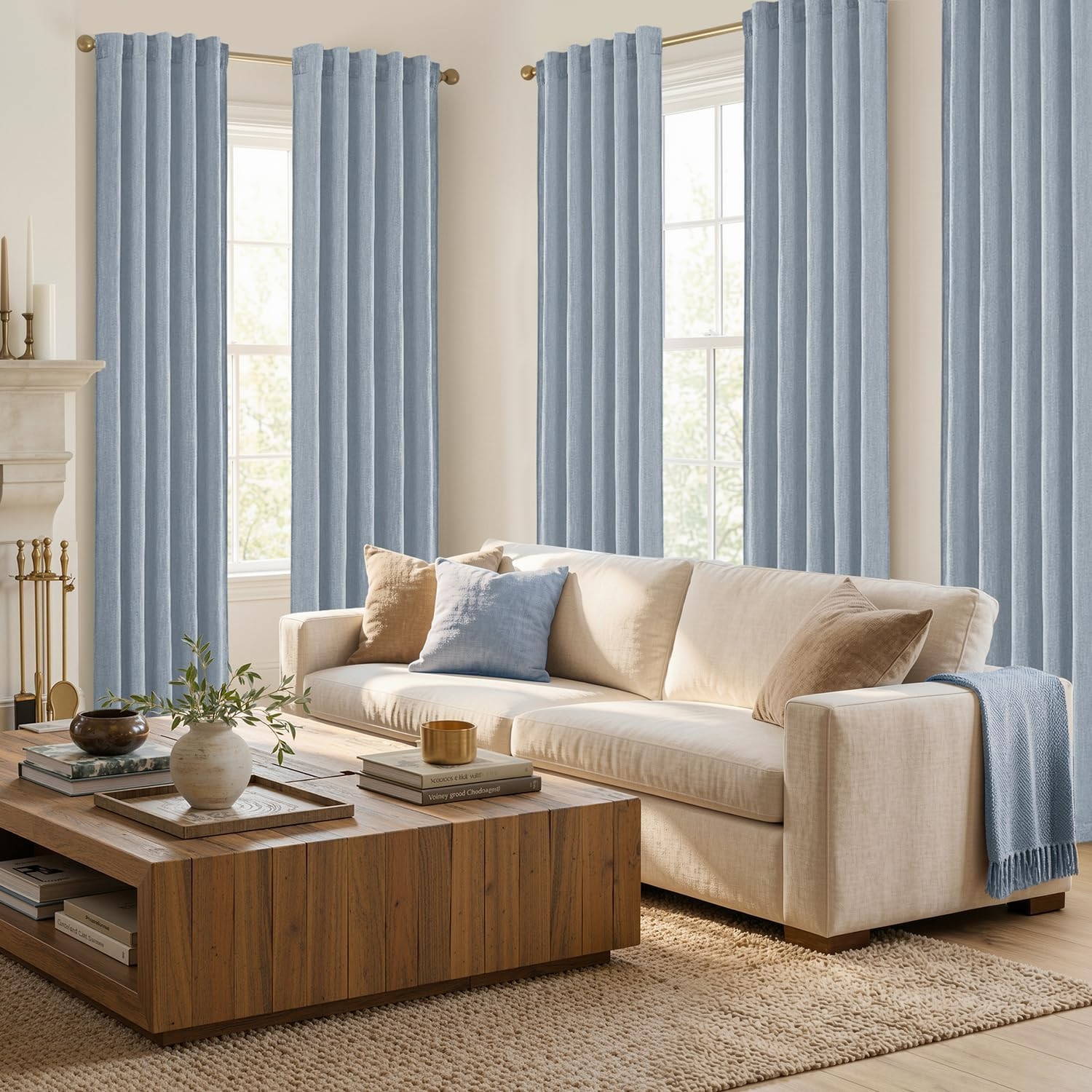 Thick Linen Curtains 96 Inches Long Light Blue Semi Sheer for Farmhouse/Living R