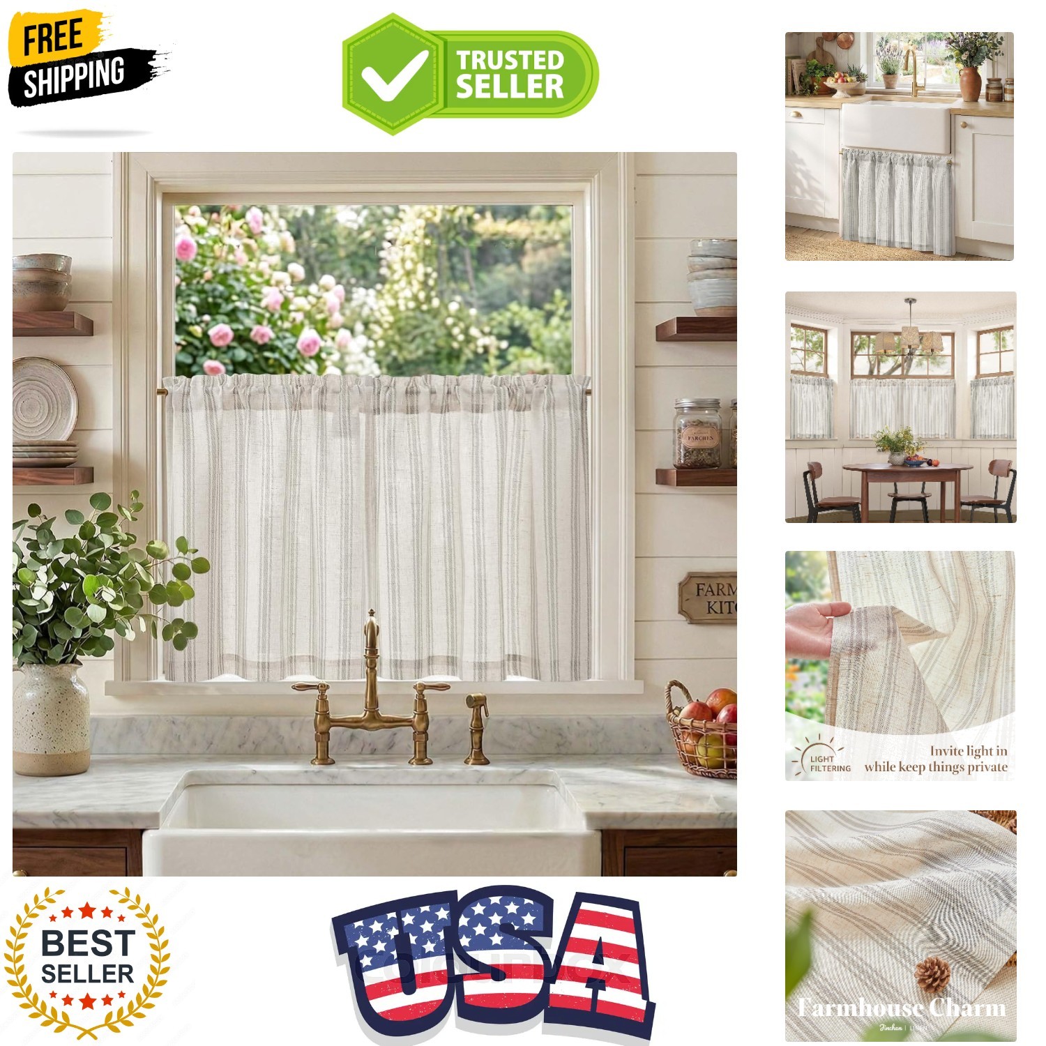 Gray Striped Linen Kitchen Curtains 24 Inch Cafe Tier Curtains Balanced Strip…