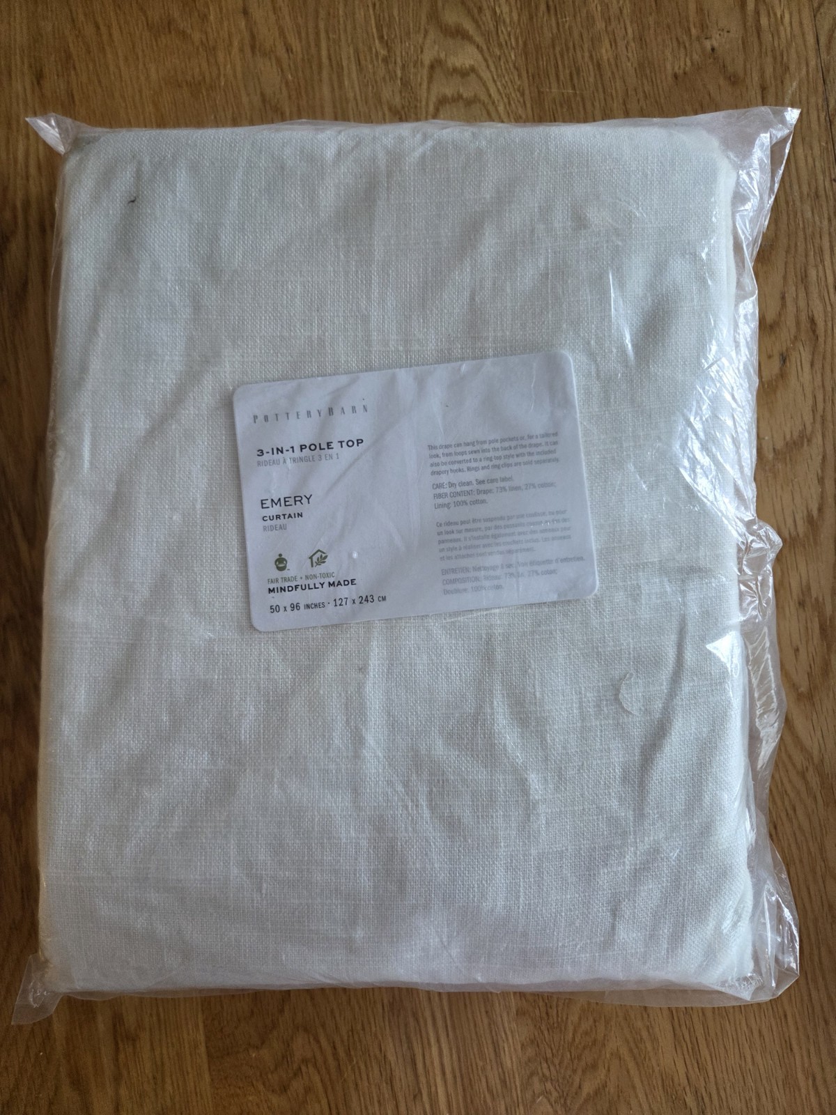 NEW Pottery Barn Emery 3 in 1 Pole Top Curtain 50 X 96 in. Ivory Cream Linen Cot