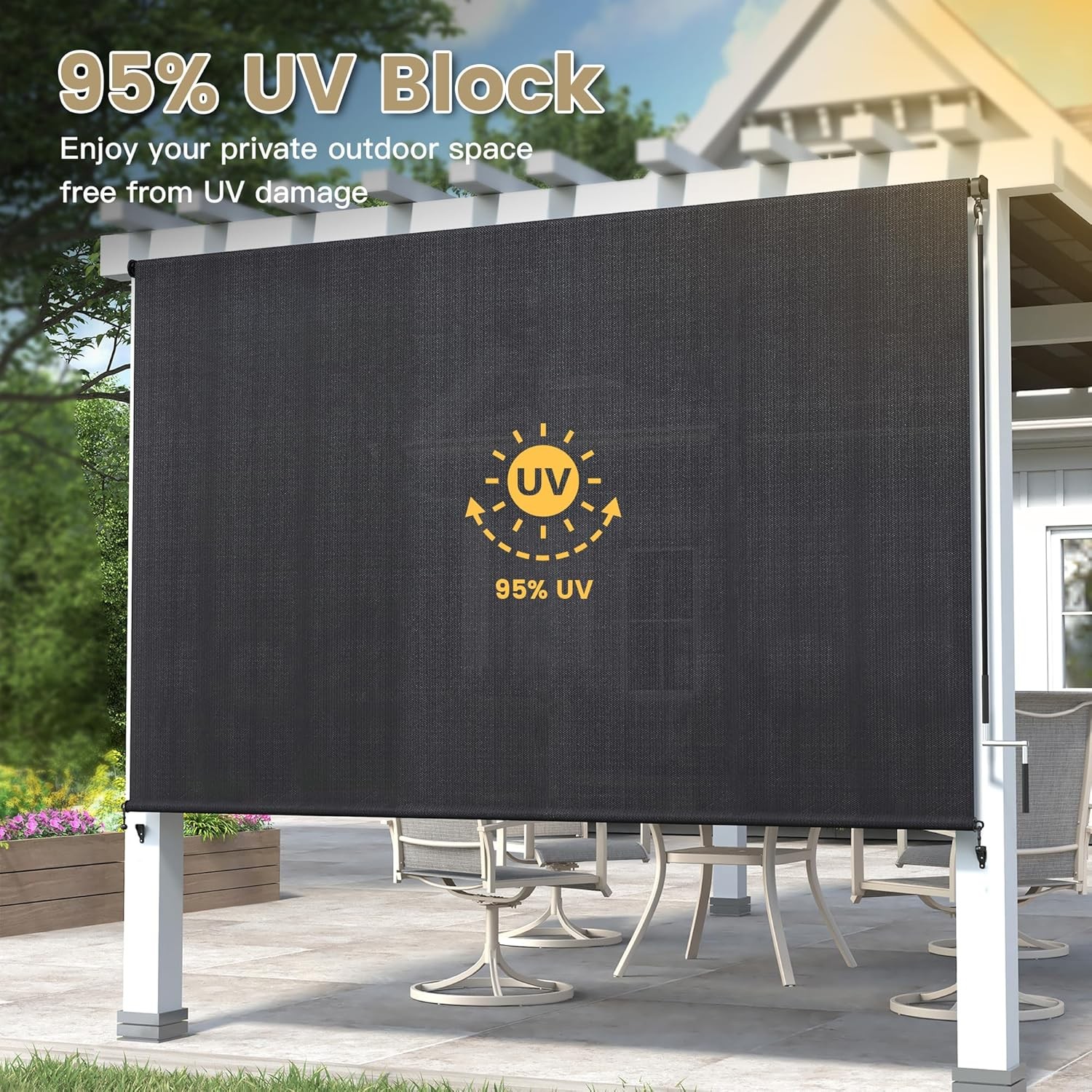 Outdoor Roller Shade 10′ W x 8′ H, Exterior Cordless Patio Shades Roll Up Blinds