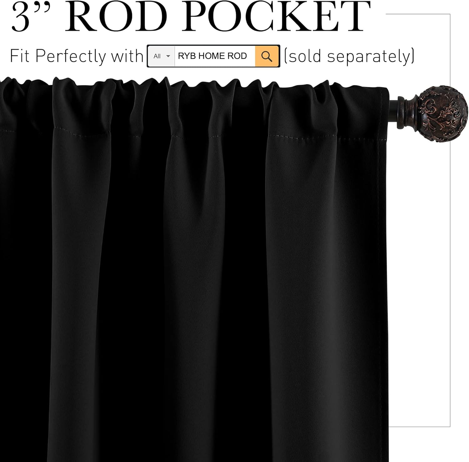 RYB HOME Bedroom Blackout Curtains 45 Inches Length – Black Curtains Light UV Bl