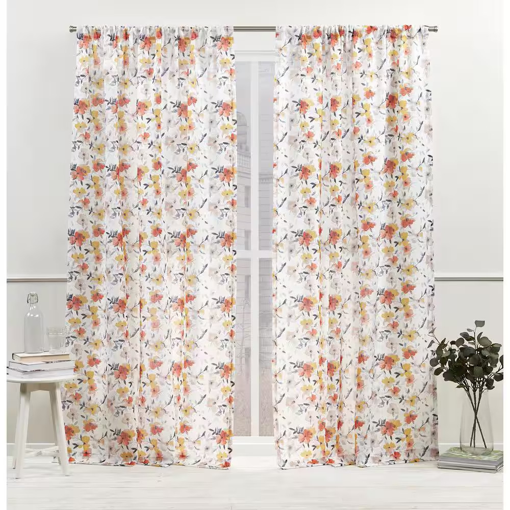 Hattie Sienna Floral Light Filtering Rod Pocket Curtain, 54 In. W X 96 In. L (Se