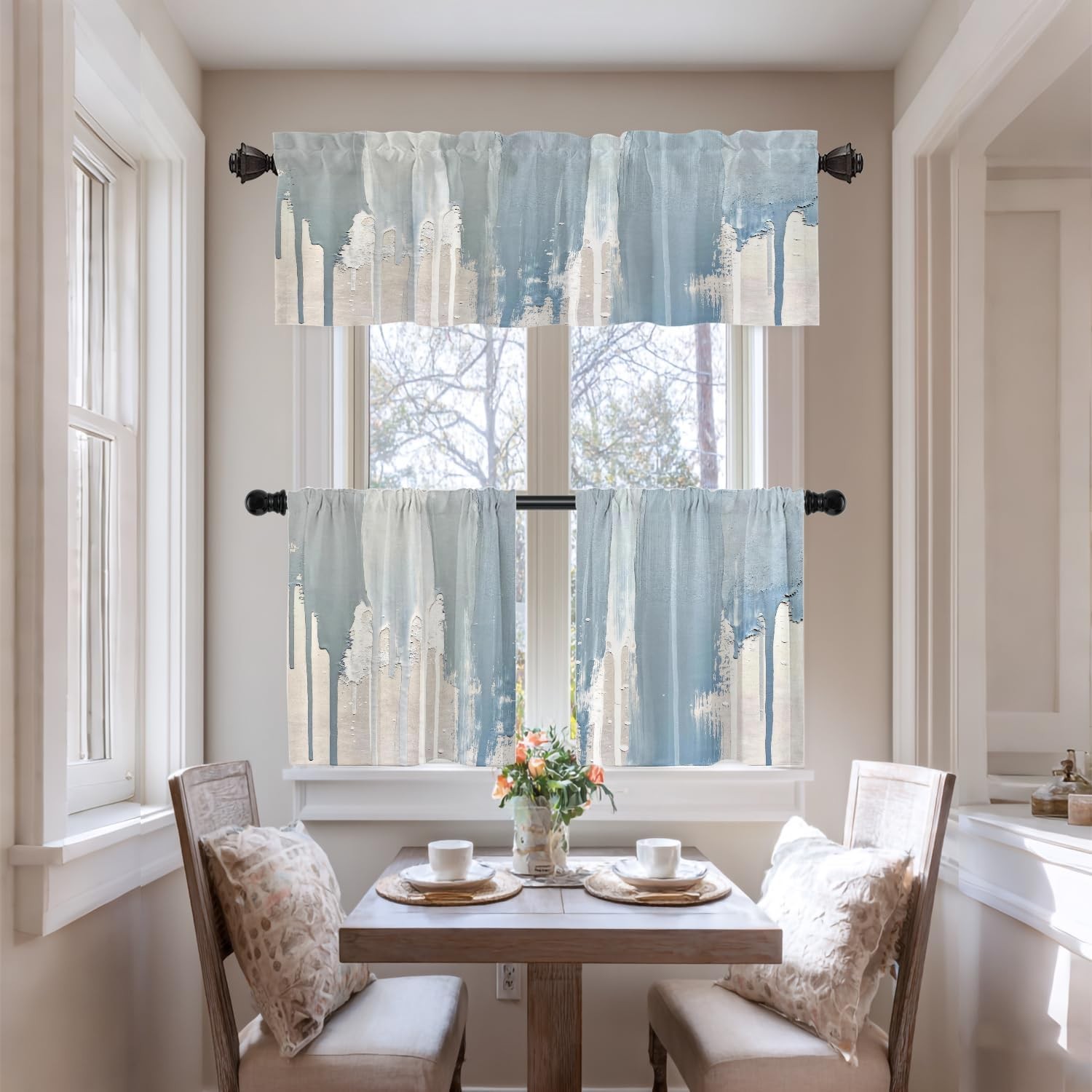 Light Blue Abstract Minimalist Watercolor Kitchen Valances for Windows,Art