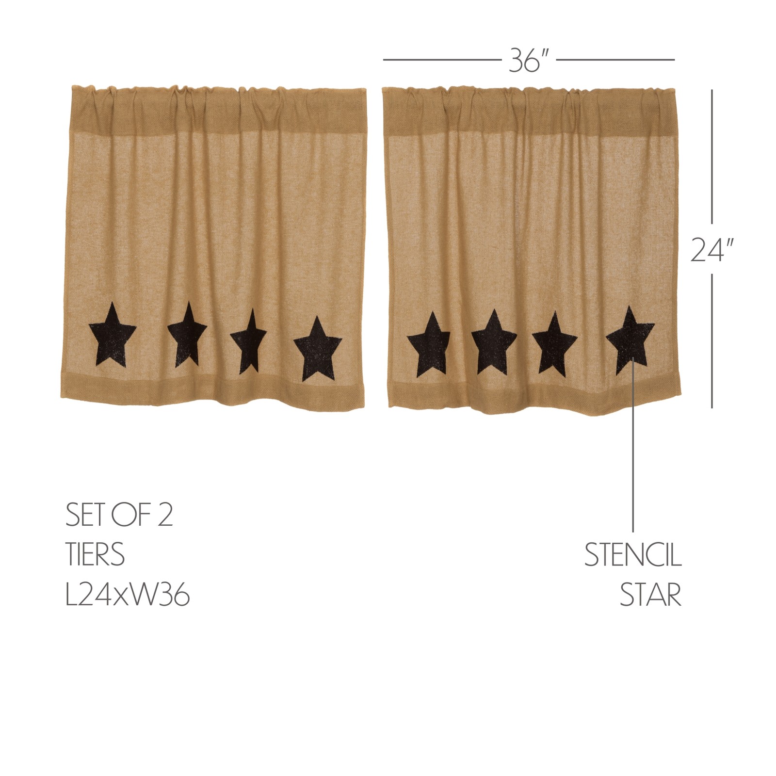 Primitive 24″x36″ Stars Tier Pair Tan Rod Kitchen Window Curtains VHC Brands