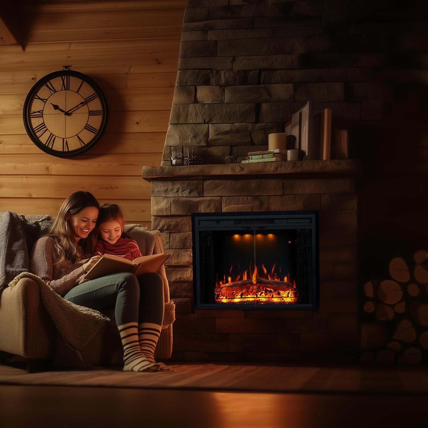 33” W Electric Fireplace Insert with Low/High Temperature Settings, Movable Mesh