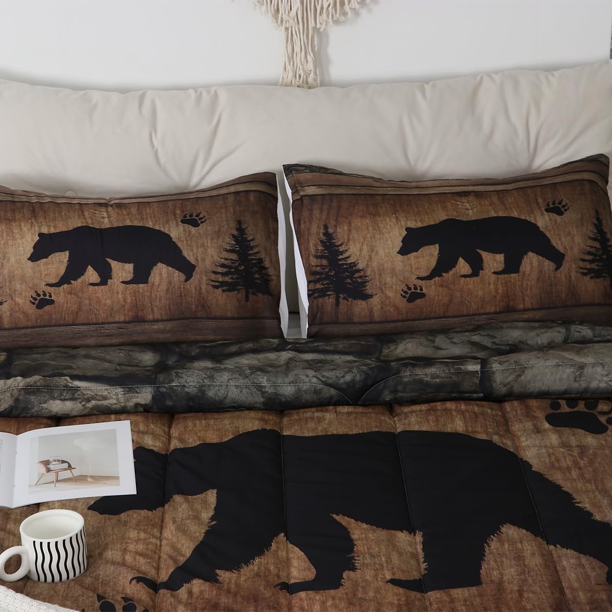 Rustic Bear Comforter Set Queen Size,Wild Animal Queen, Brown