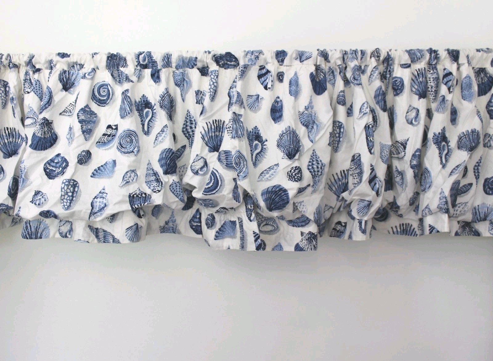 Custom Curtains Blue White Seashell Toile Vtg 3-Pc Drapery Set Beachcomber