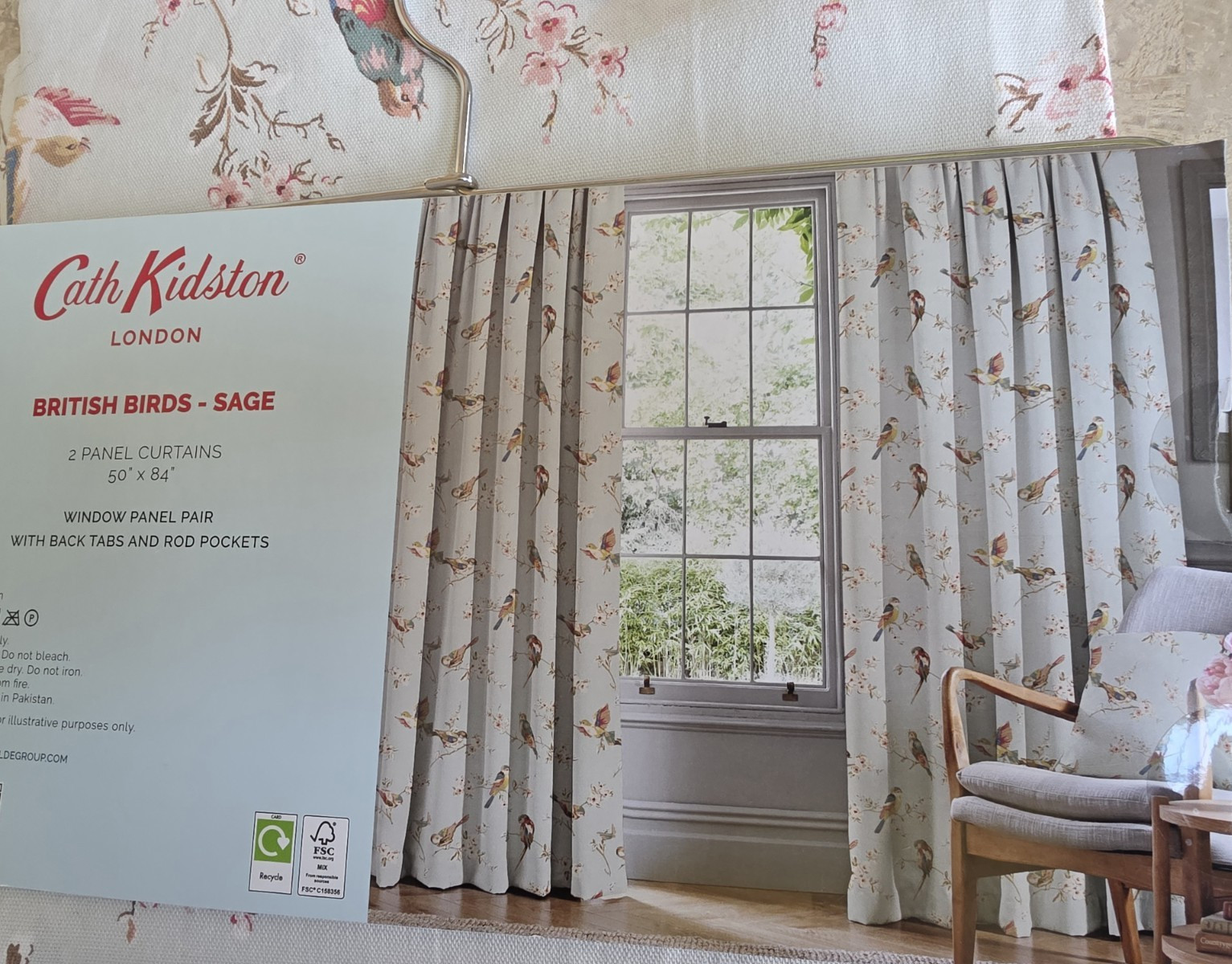 NEW Cath Kidston Window Curtains Pair British Birds Sage Cotton 50″ W x 84″ L
