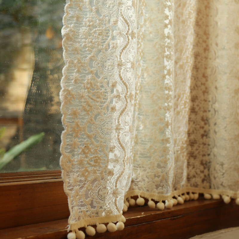 Vintage Style Embroidery Lace Curtain Window Cabinet Door Drape Pom Pom Fringe