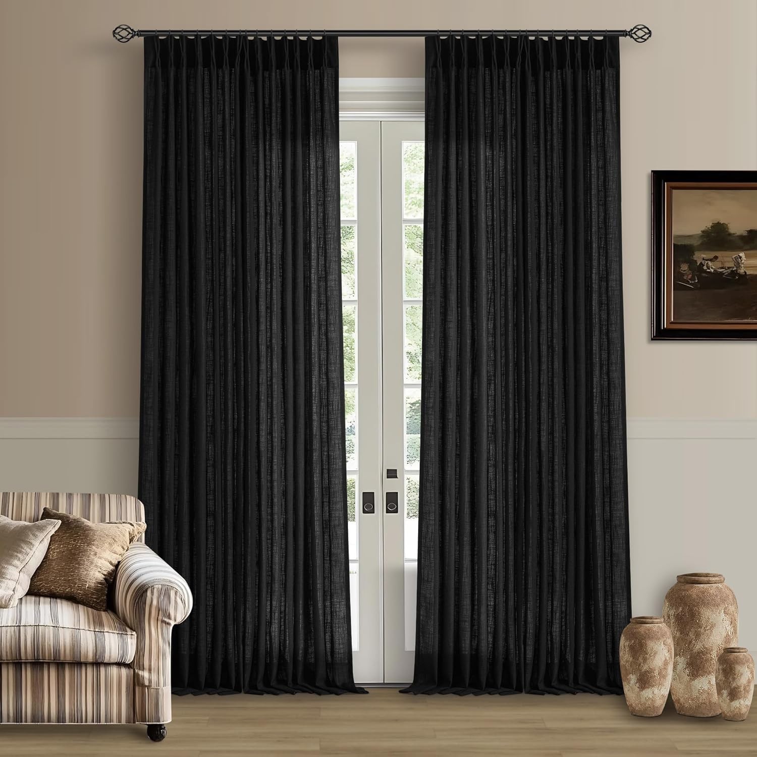 Pinch Pleated Linen Curtains 96 Inch Light Filtering Drapes 2 Panels Neutral