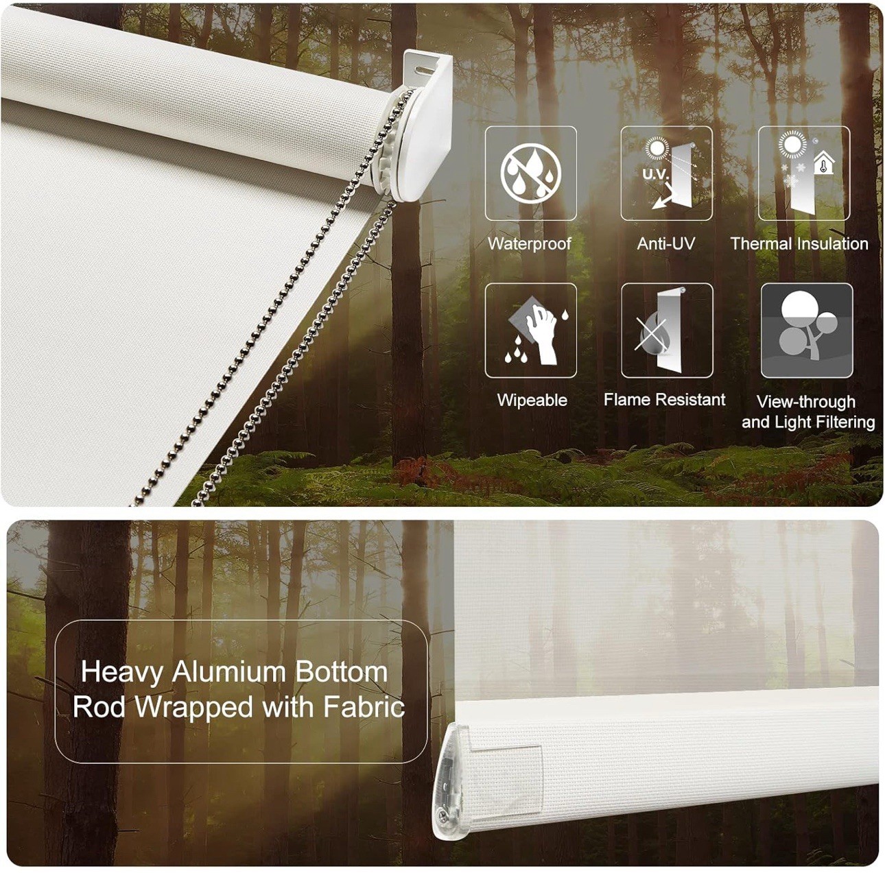 Persilux Light Filtering Roller Shades and Blinds for Window 29″ W x 72″ H White