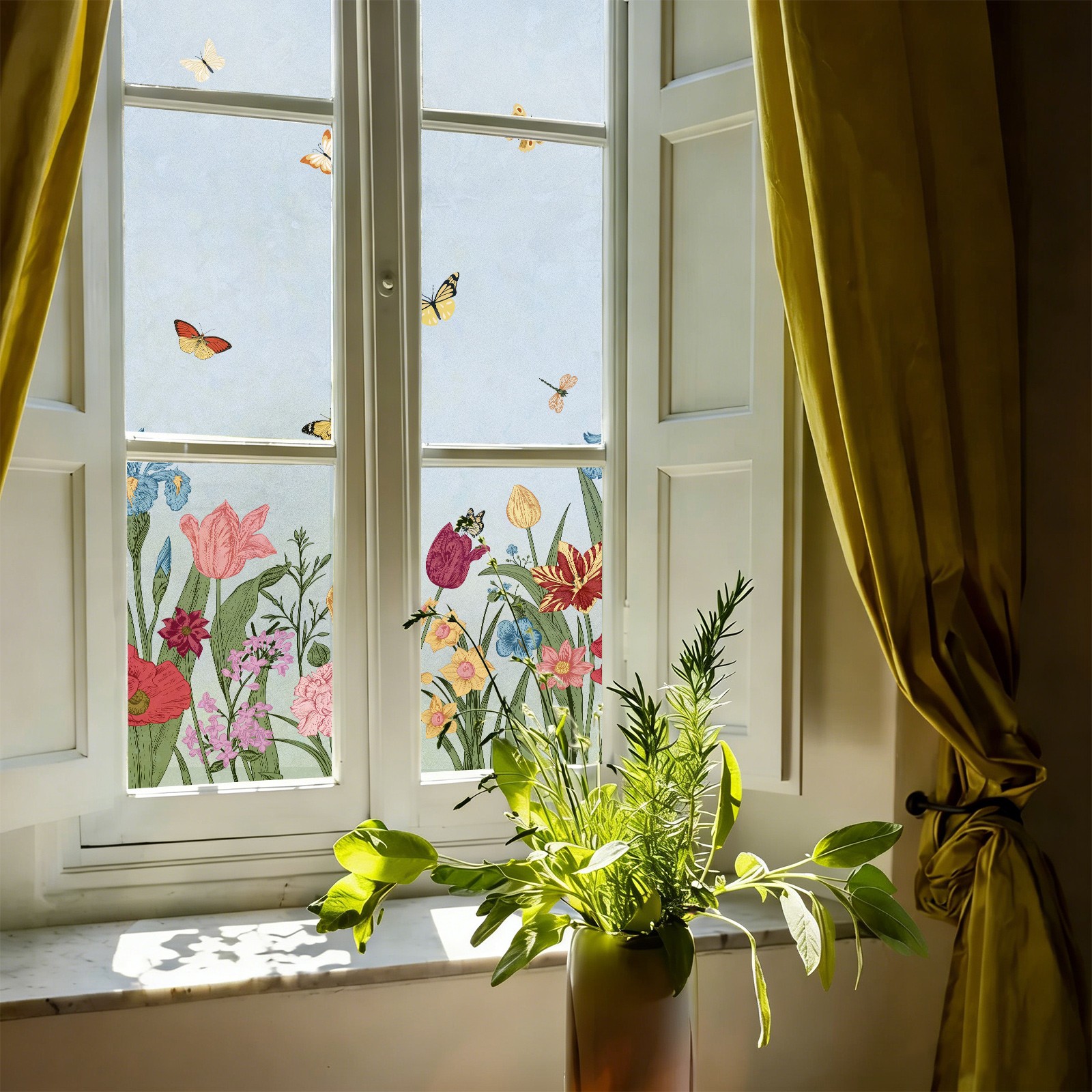 Flower and Bird Thickened Insulation Without Glue, Privacy Window Film Sticker