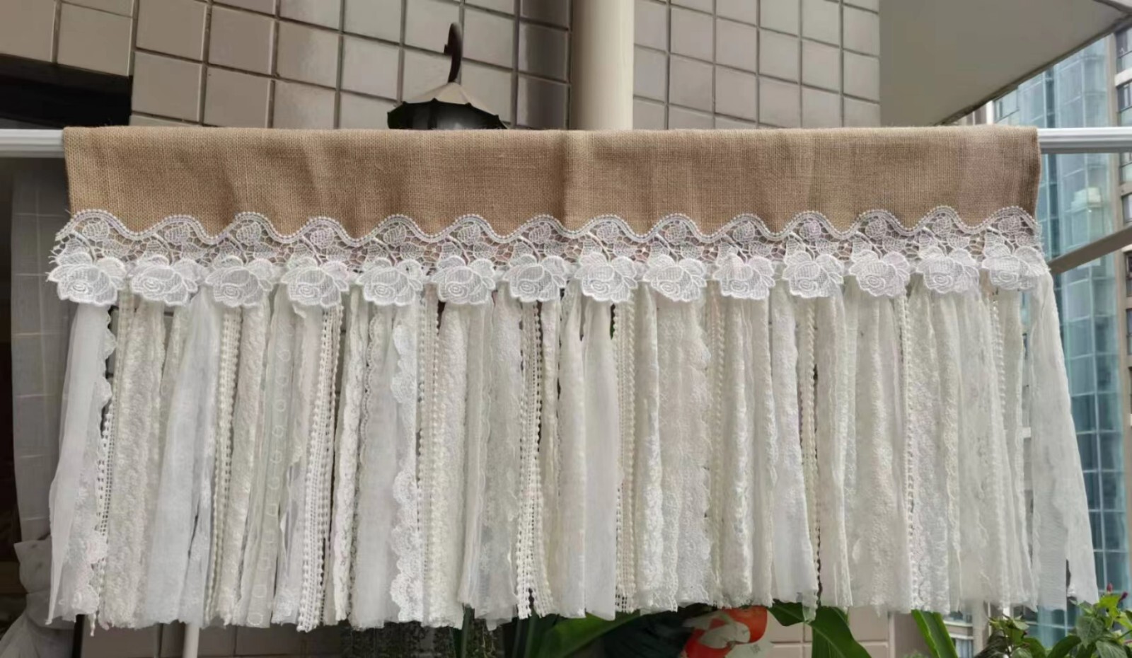 Custom Burlap Lace Valance Kitchen Curtain window Treatment