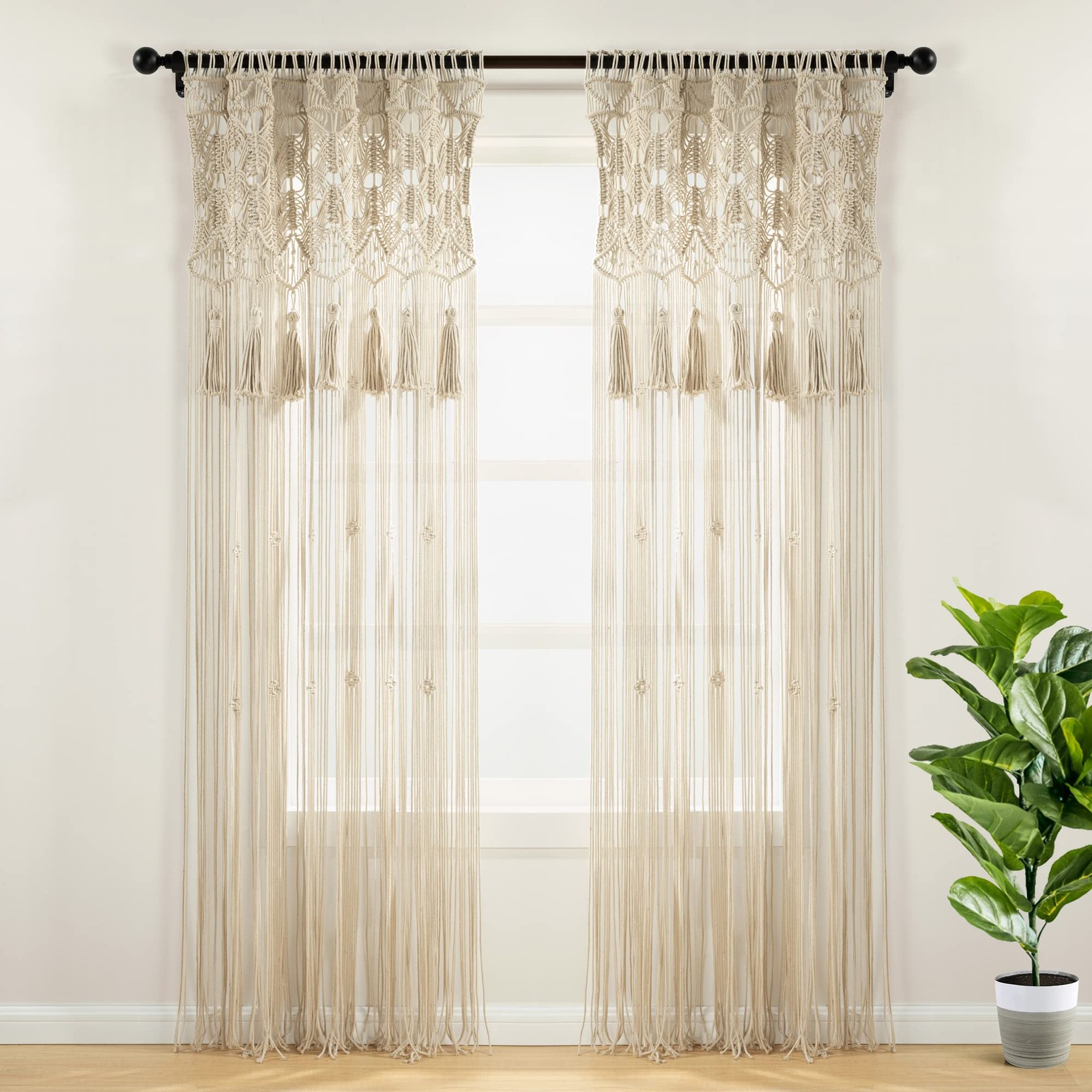 Boho Macrame Tassel Cotton Window Curtain Panel Single 40″ W x 84″ L Neutral …