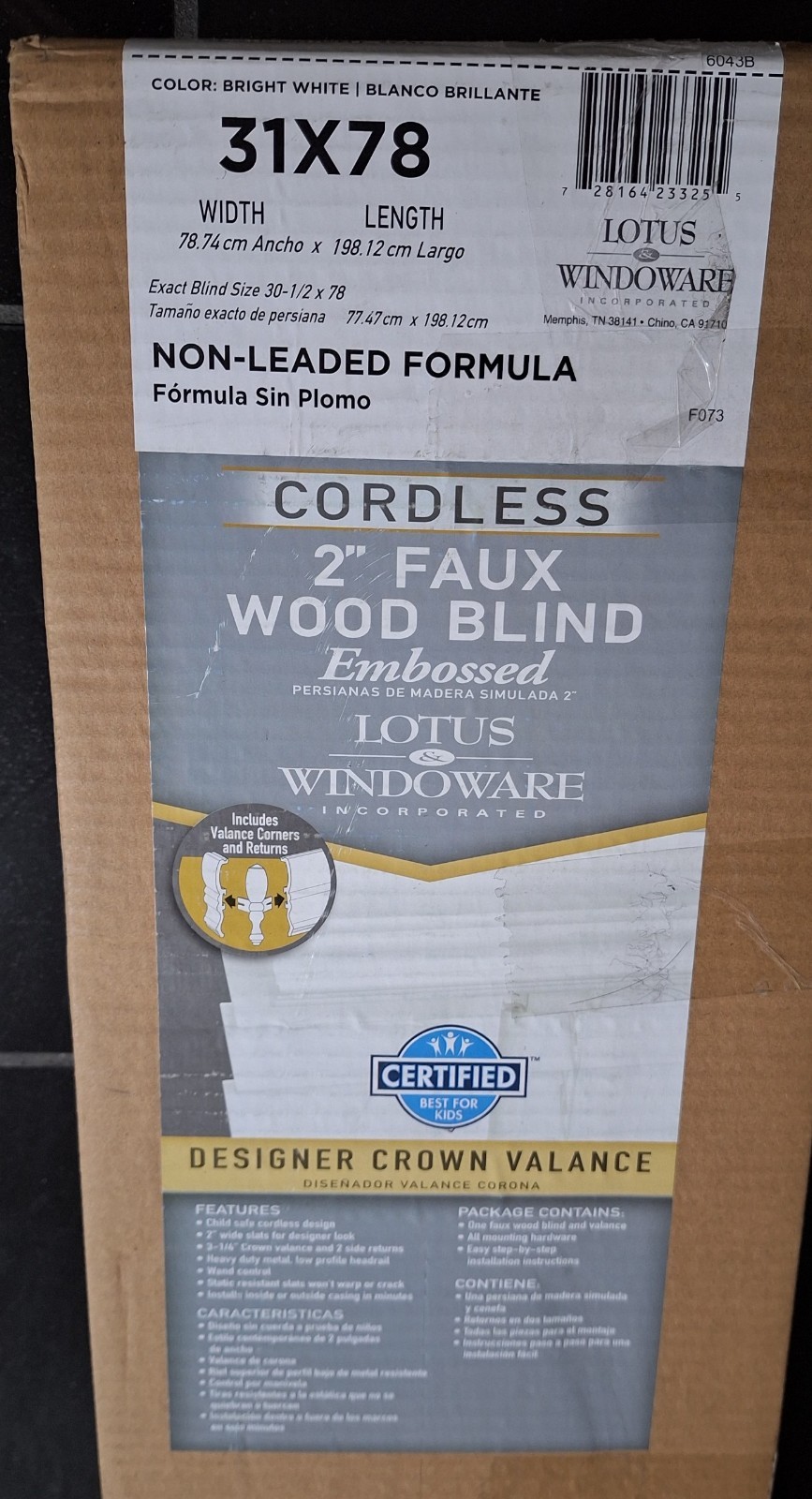 Lotus & Windoware 2in Cordless Faux Wood Embossed Blind Bright White 31in x 78in
