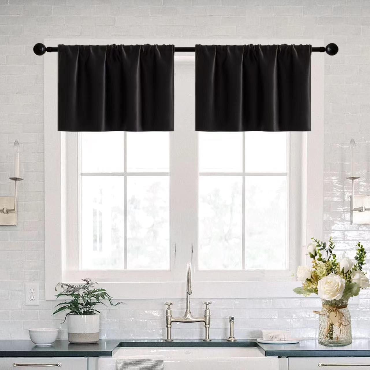Basement Window Curtains 16 Inch 30"W x 16"L (Pack of 2), Black