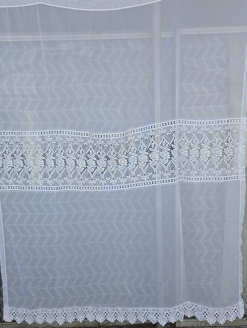 White Sheer Curtain Panel with Floral and Hearts Crochet 50 x 61 Vintage Turkey