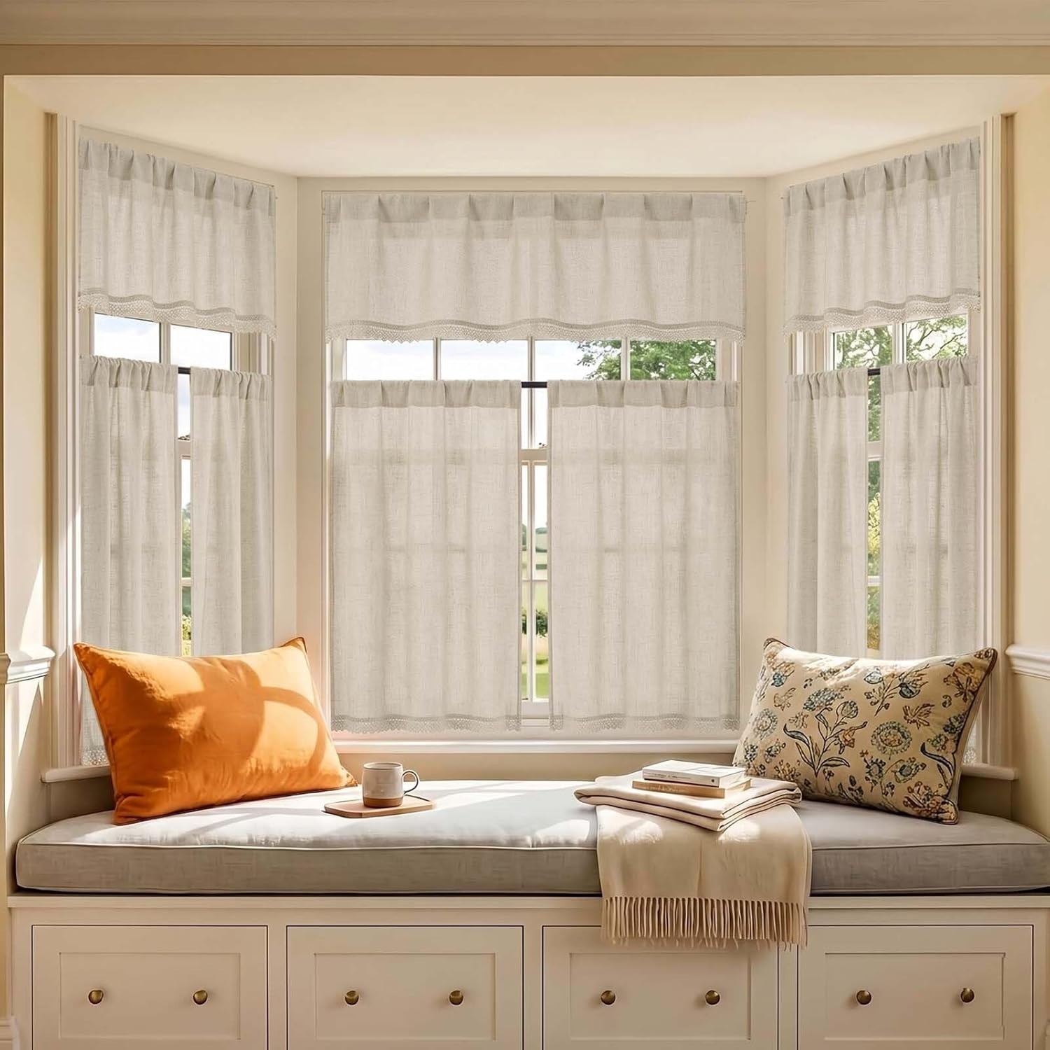 Boho Lace Kitchen Curtains 24 Inch Length – Light Filtering Faux Linen Vintag…