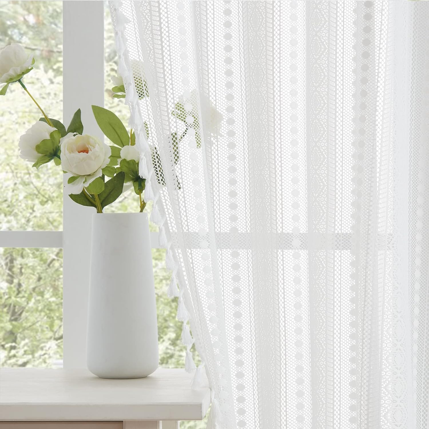 White Boho Lace Tassels Curtains Bedroom Living Room Linen Textured Chic Crochet