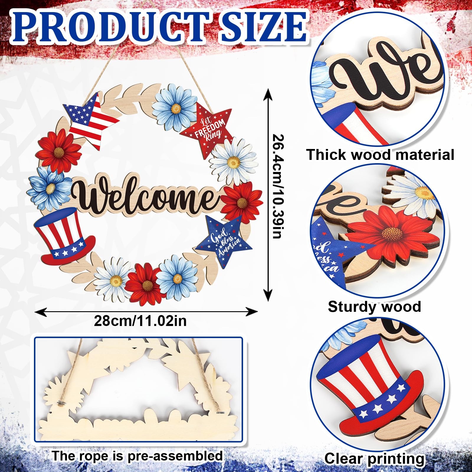 Wooden 4th of July Decoration Door Wreath for Front Door Sign Star Wall Signs,In