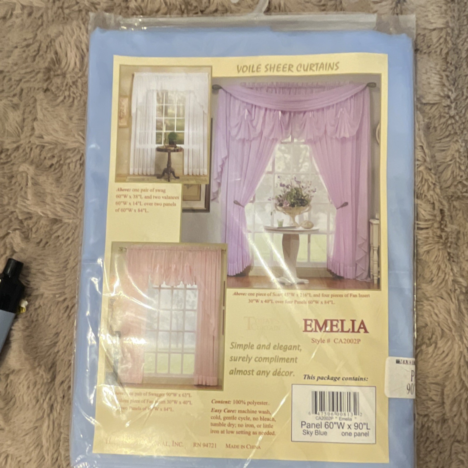 EMELIA Rod Pocket Panel Sheer Polyester Curtain 60x90in Sky Blue Solid