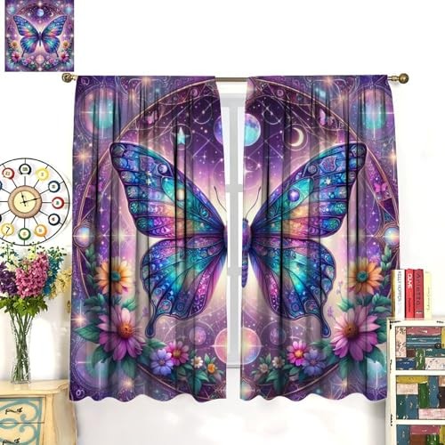 Fantasy Purple Floral Butterfly Curtains 20.5″W x 45″L (Pack of 2) Style-1