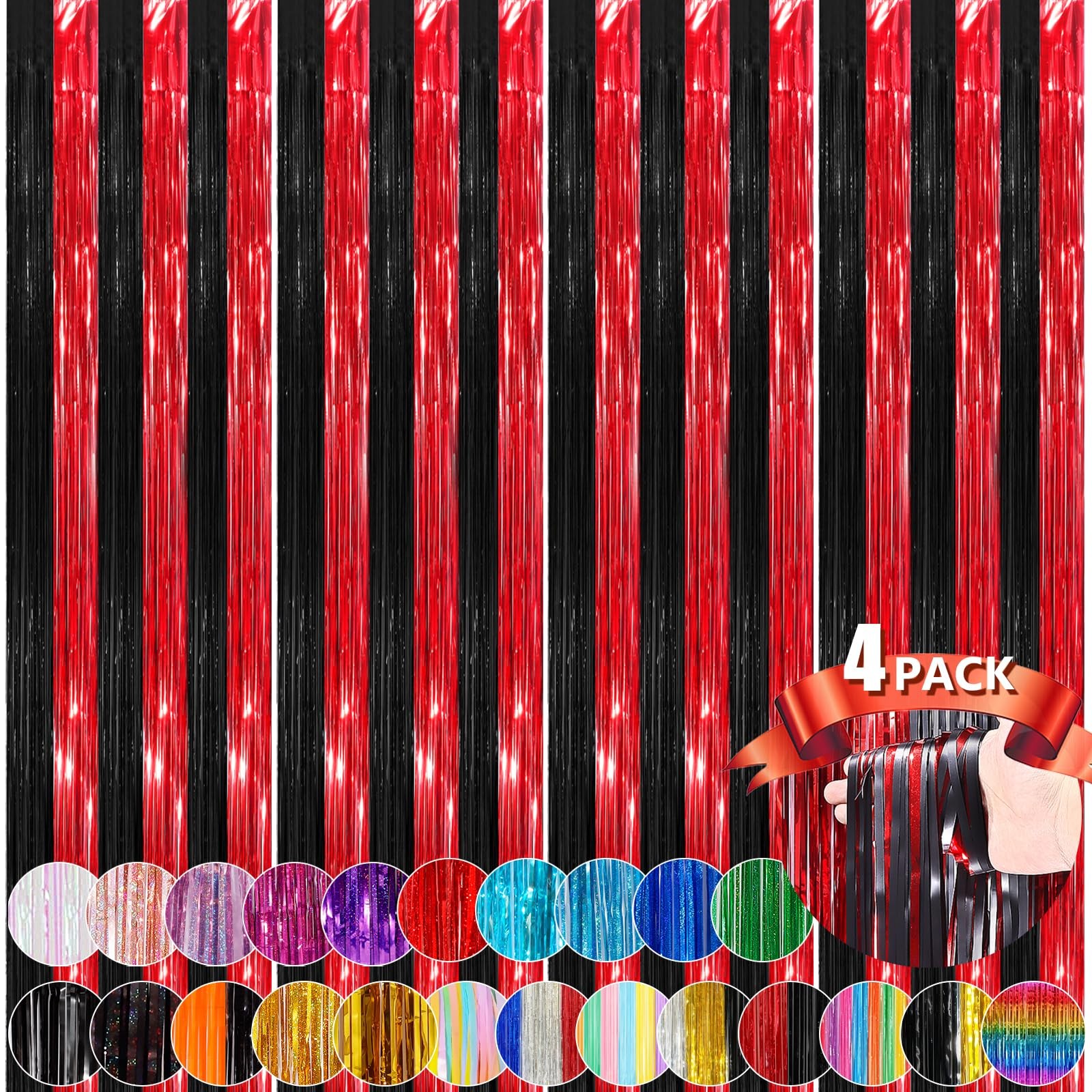 4 PCS Black Red Metallic Tinsel Foil Fringe Curtains 3.3×8.3 Feet Party Drop