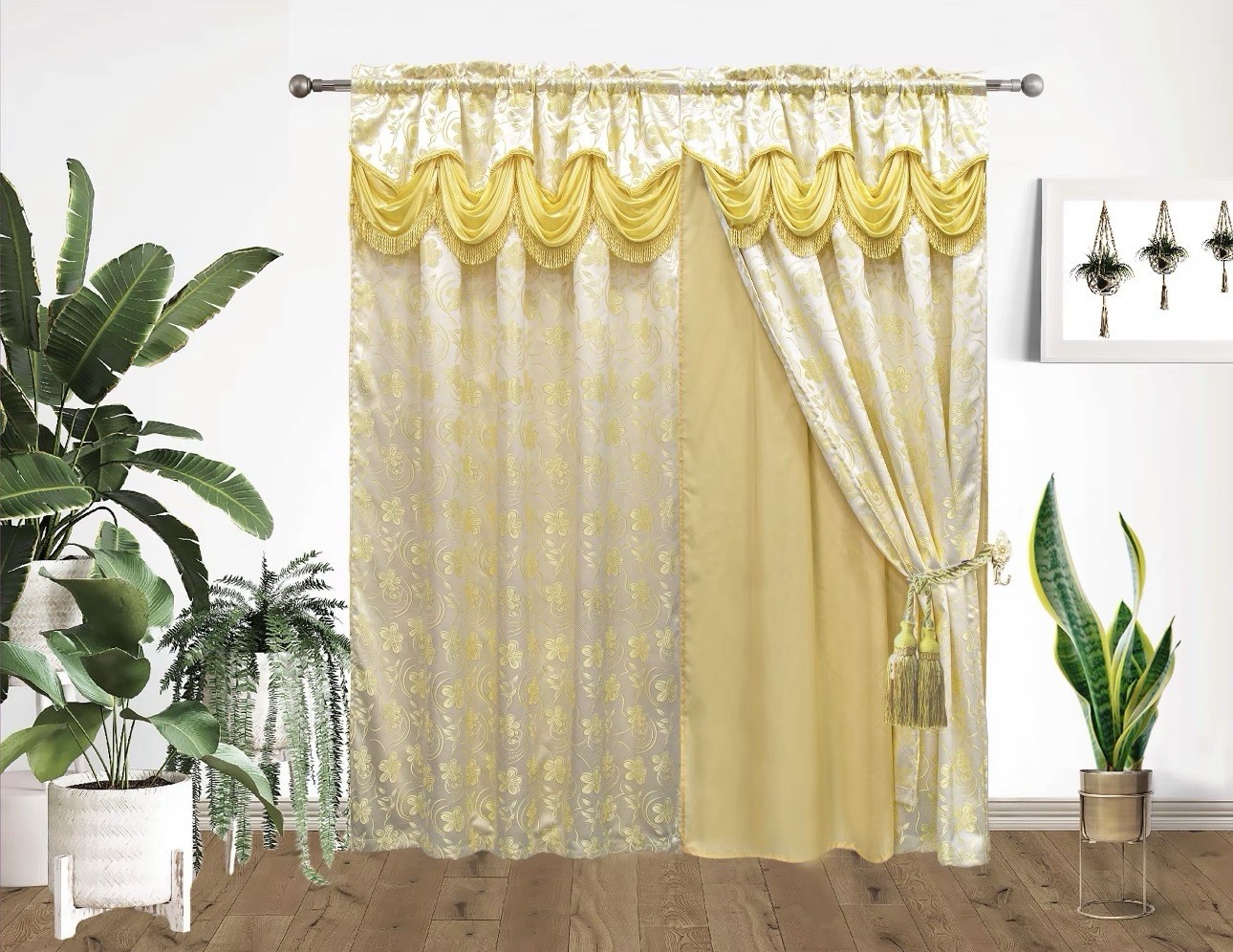 Jacquard Panel Curtains with Attached Valance, Multi-Color, 2 Piece Set