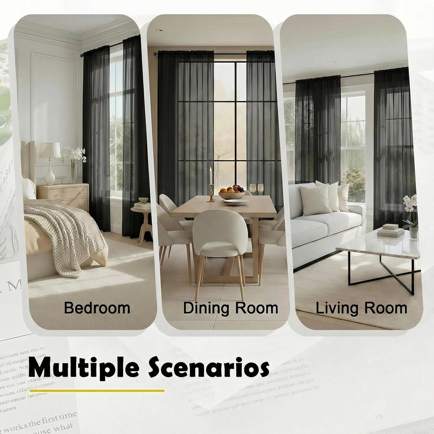 Black Sheer Curtains 54 Inch Length for Bedroom – Light Filtering Short Curtains