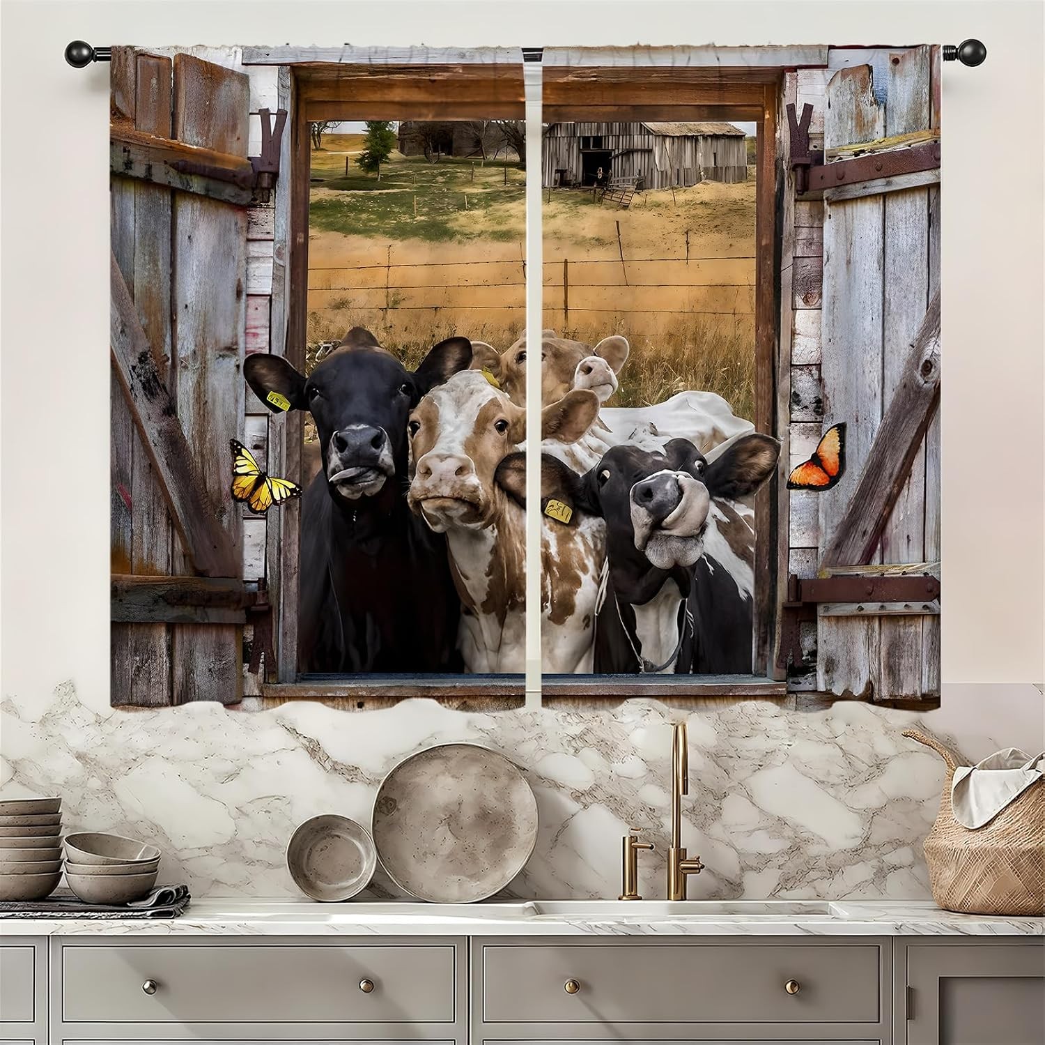 Farmhouse Cow Cattle Kitchen Curtains 27.5W X 39L Inches 2 Panels Vintage Countr