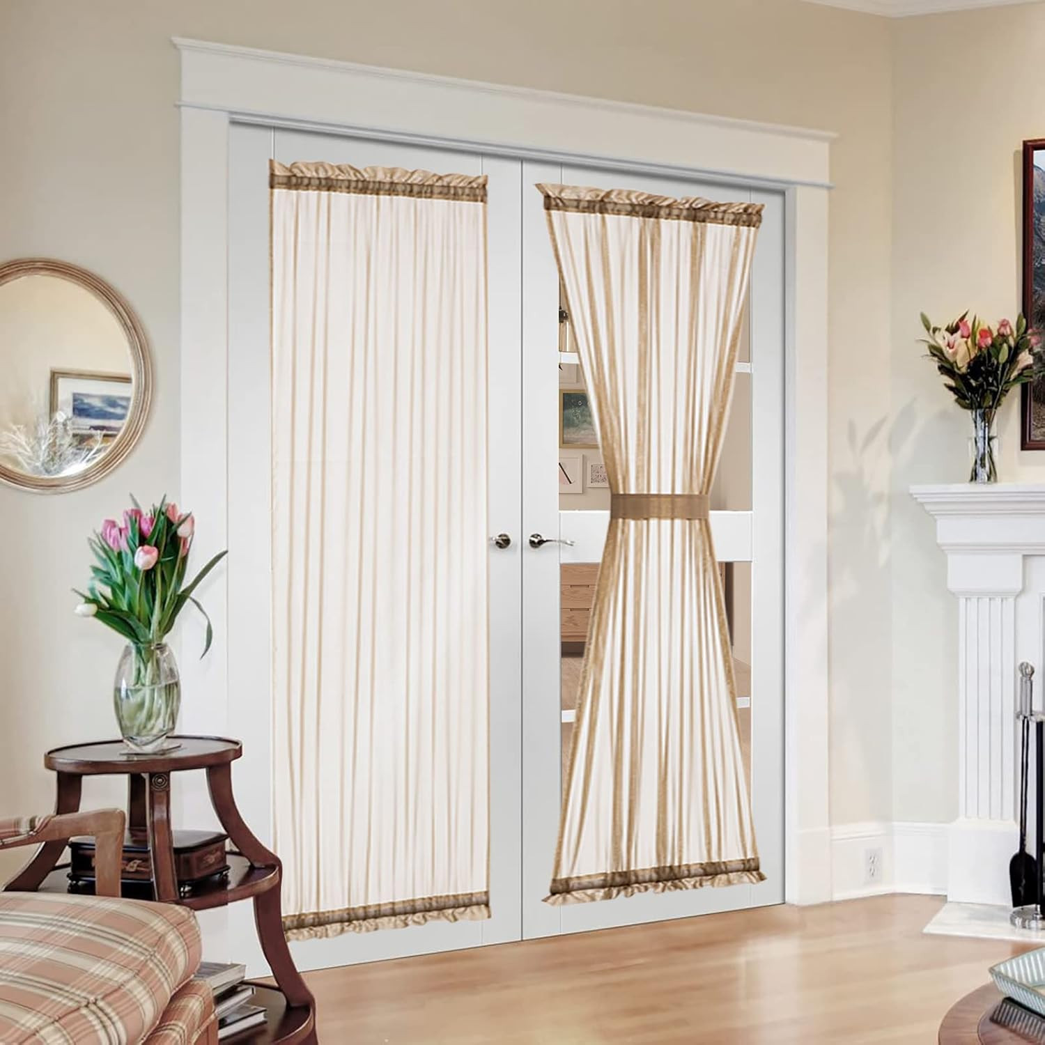 French Door Sheer Curtains for Front Back Patio Glass Door Light Filtering Brown