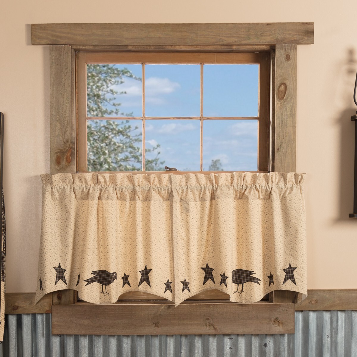 Kettle Grove Applique’ Crow & Star Country 24″ Tier Set Cafe’ CURTAINS Ditsy