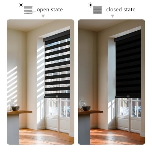 Cordless Zebra Blinds for Windows Pull Down Roller Window 20″W x 72″H Black