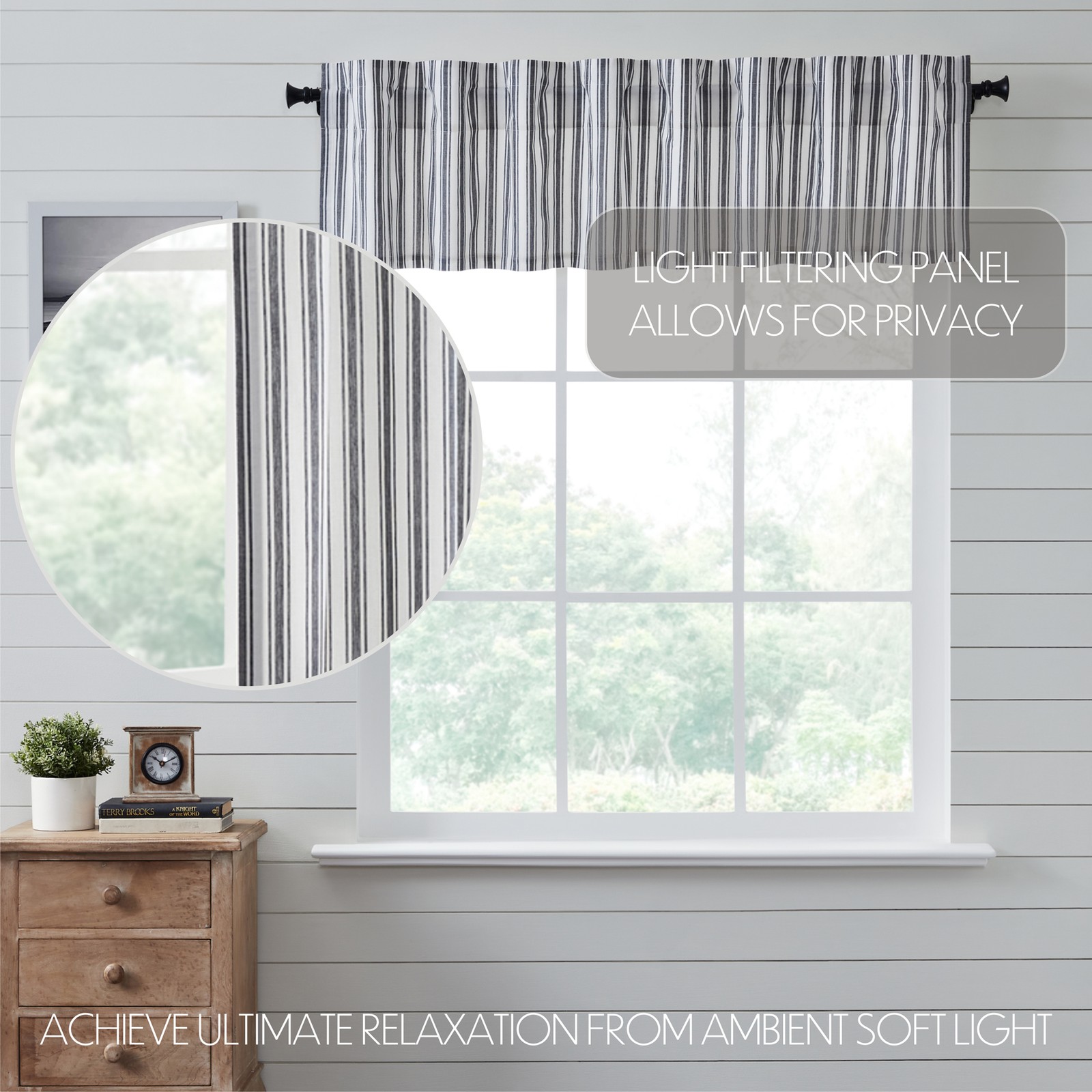 Sawyer Mill Black Ticking Stripe Set (1 Valance 16×72 ; 2 Tier 24×36) VHC Brands