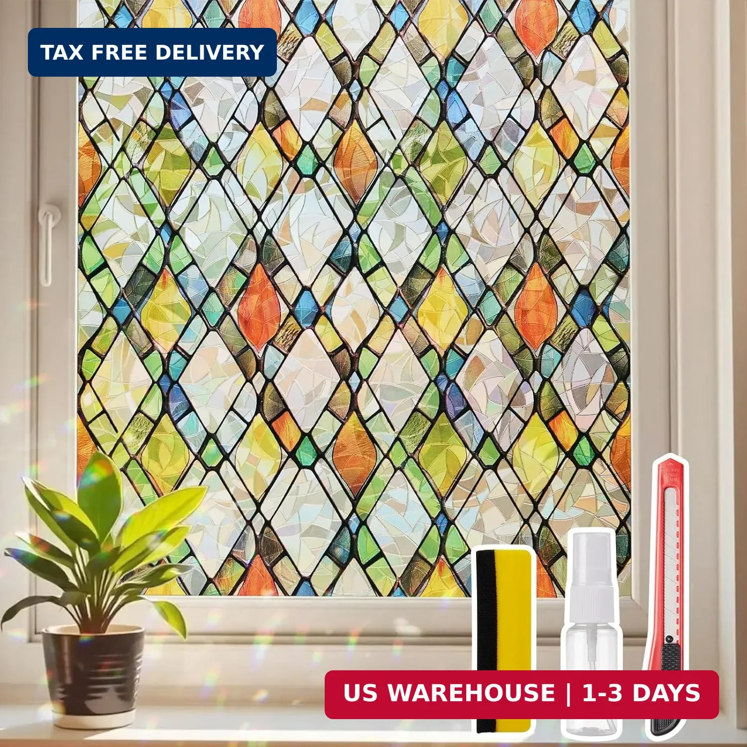 Window Privacy Film Stained Glass 17.5″ x 78.7″ Rainbow | Static cling – no glue