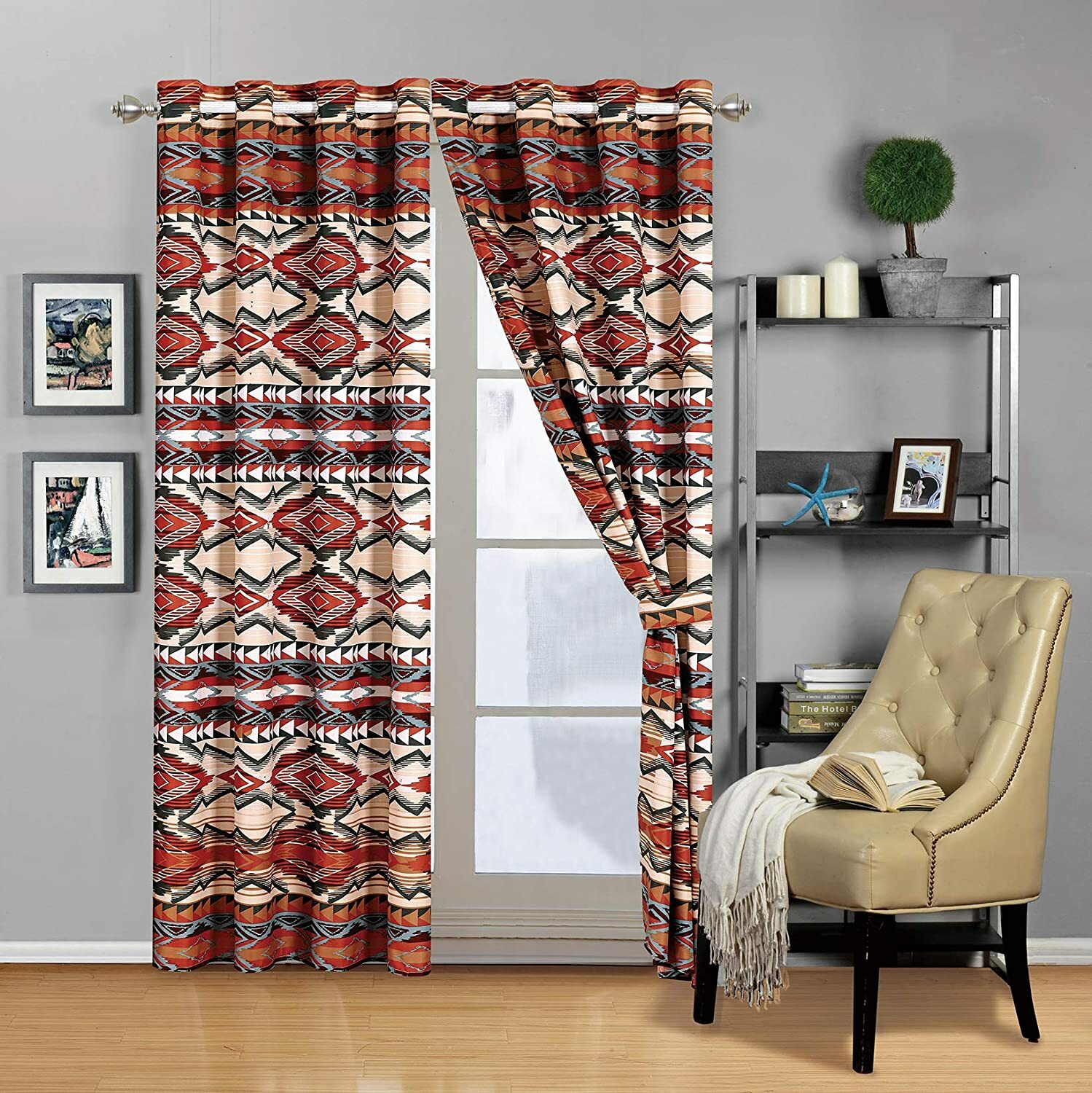 Set 2 Rust Orange Southwest Western Tribal Curtains Panels Drapes 84 in Grommet
