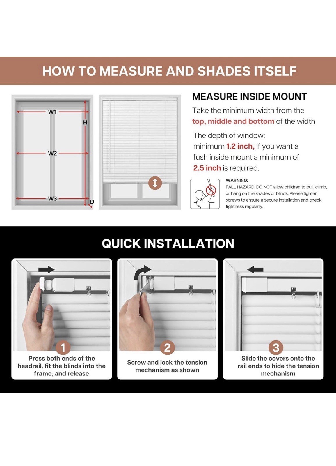 No Tools No Drill 1″ Vinyl Mini Blinds, Cordless 35″ W x 48″ H Cordless-white