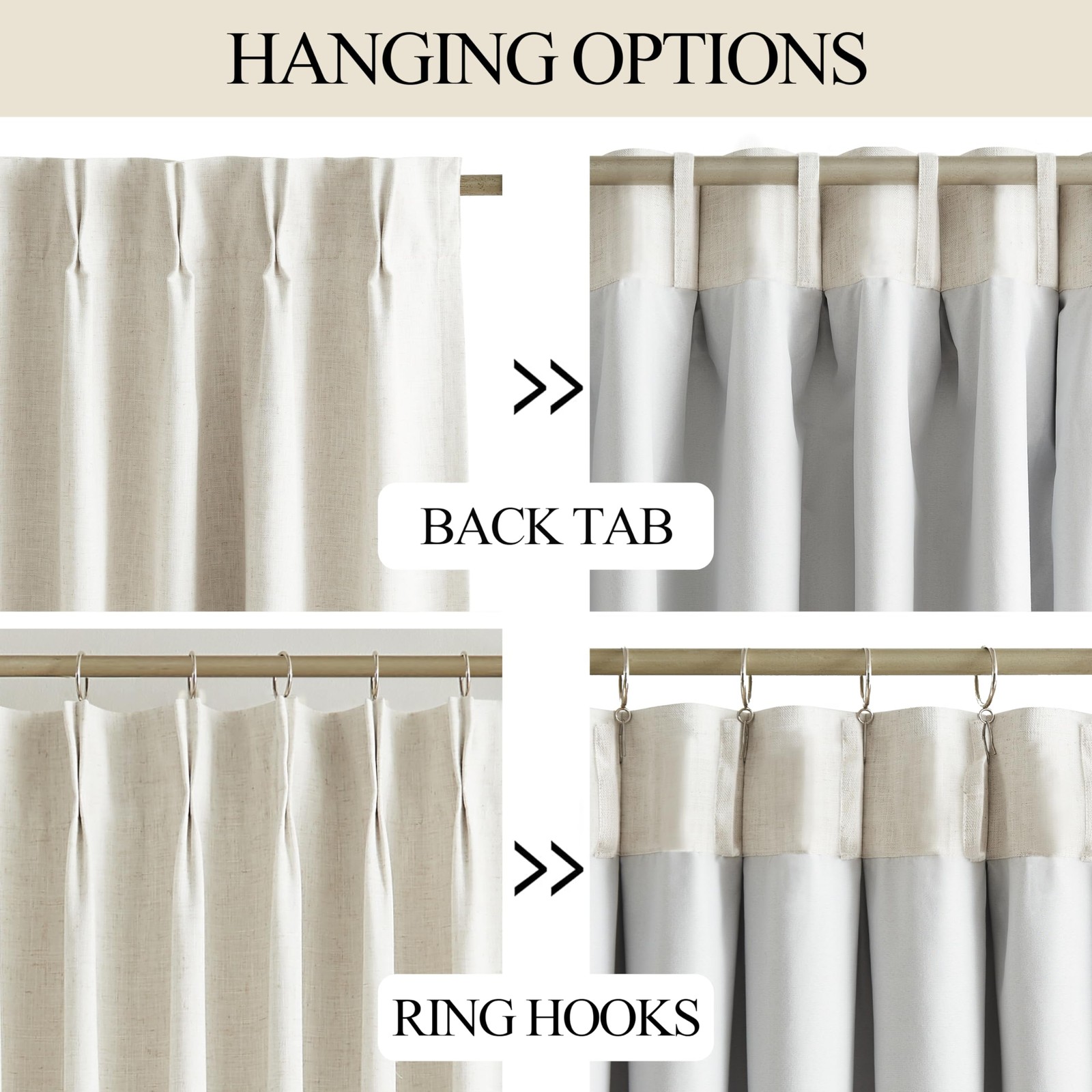 Natural Pinch Pleated Full Blackout Curtains Linen Blended Room Darkening Win…
