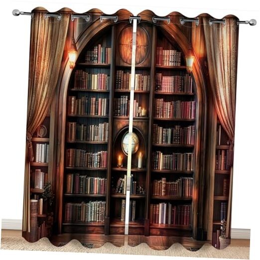 Vintage Bookshelf Blackout Curtains Book Bookcase 42″W x 63″L (Pack of 2) Book3