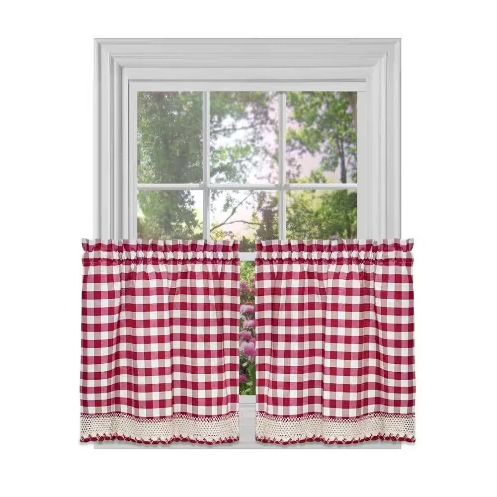 Buffalo Check Burgundy Polyester/Cotton Light Filtering Rod Pocket Curtain Tier