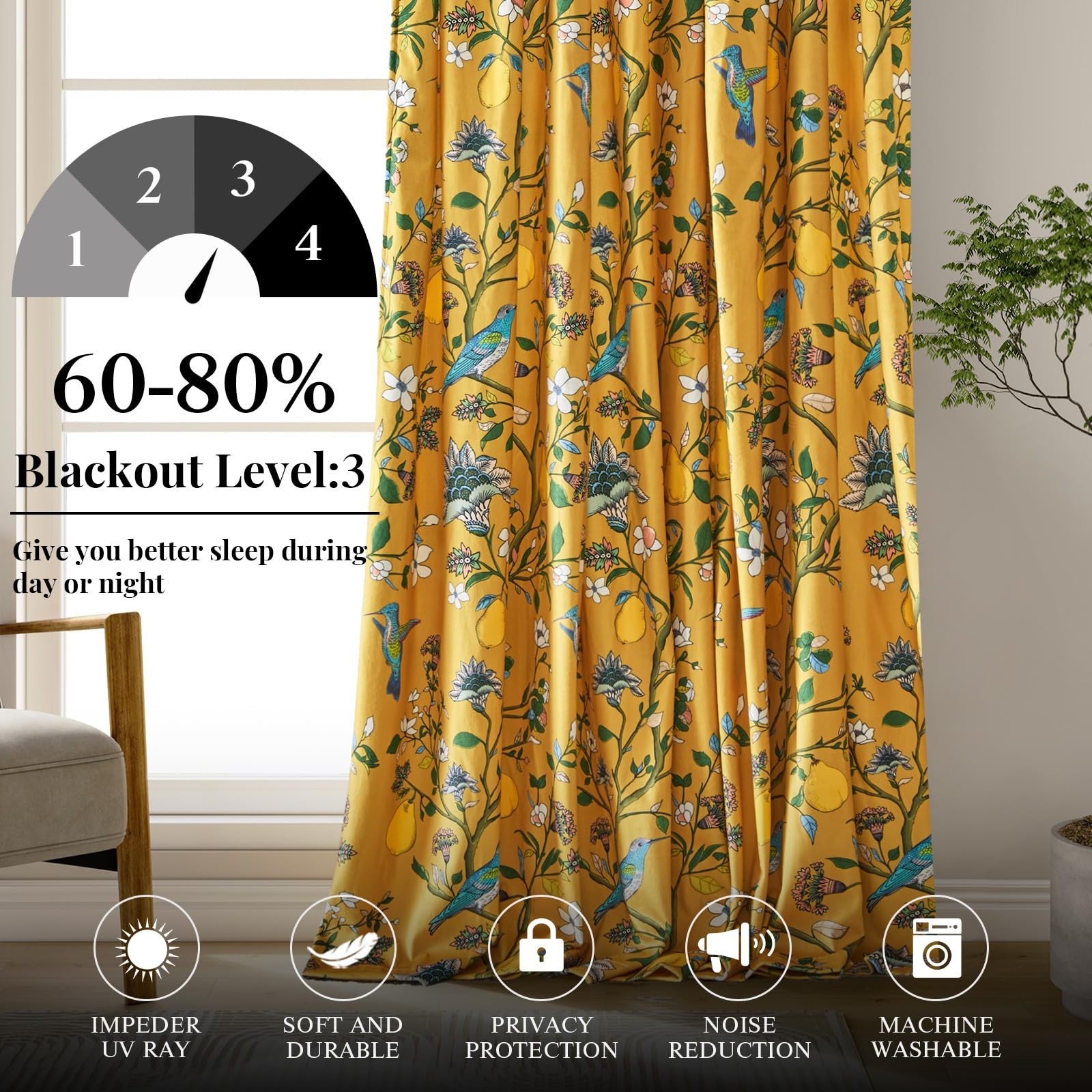 Mustard Yellow Luxury Velvet Floral Curtains 84 inches for Living Room,Vintag…